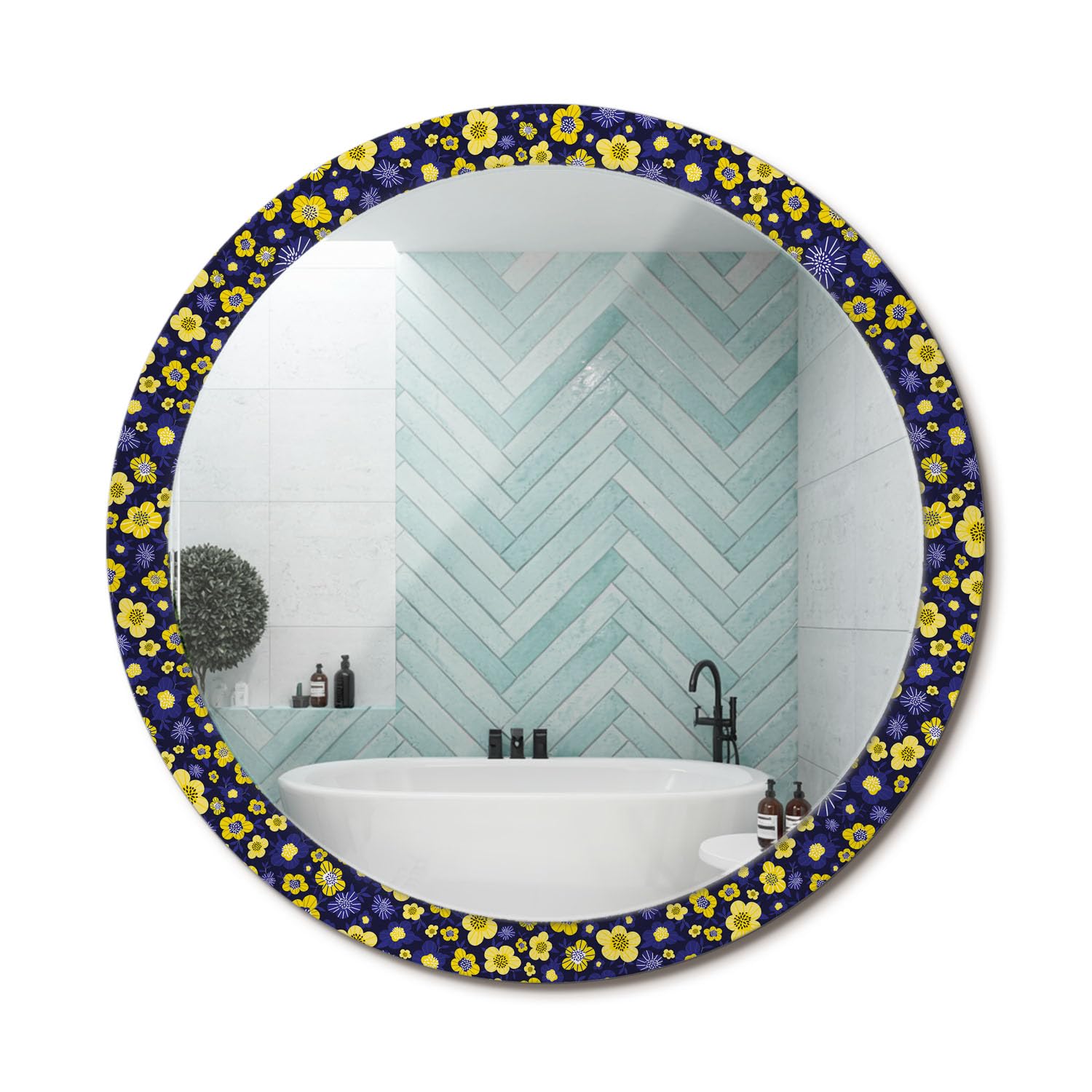 Miroir mural rond pour agrandir l'espace cadre verre imprimé floral fi100