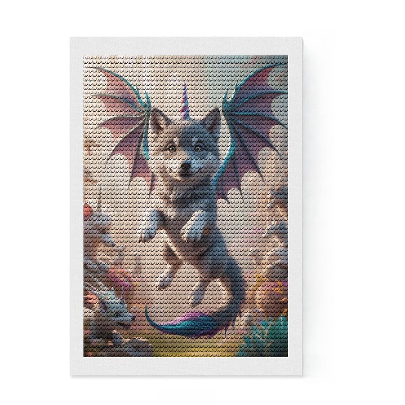 Junmoney Unicorn Wolf Pup with Dragon Wings Diamond Painting Set 8"x12", Mindful Craft Activity, Sparkling Round Gems, Living Room Decor, Birthday Gift