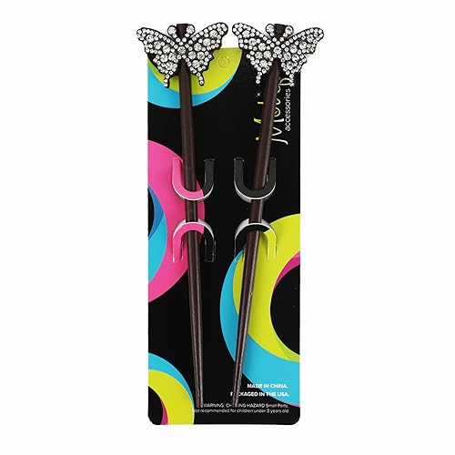 Miniatura 4 de Juego de 2 palillos para el cabello, palillos para el cabello con gemas de mariposas, color negro
