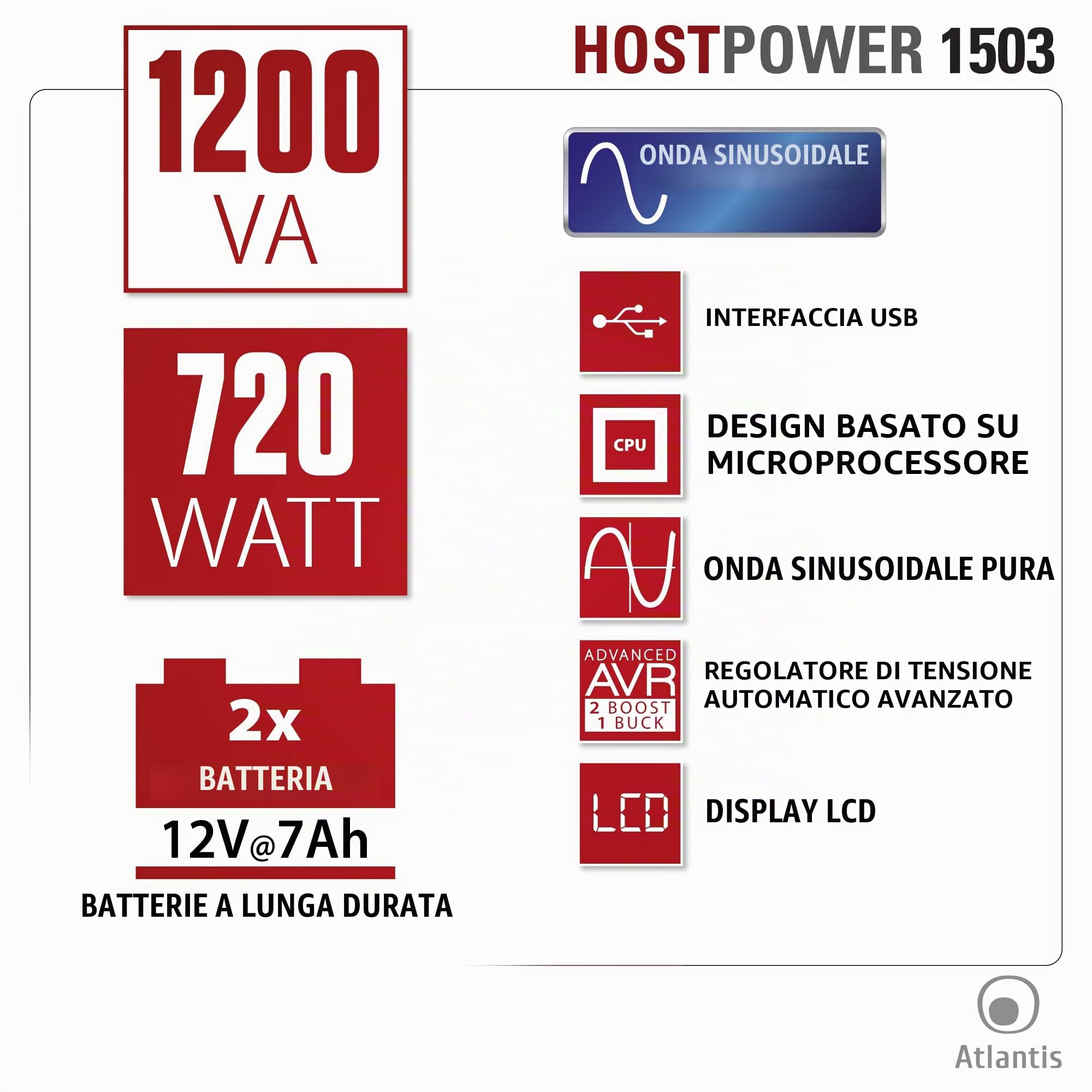 Atlantis Gruppo di Continuità UPS 1200VA/720W, onda sinusoidale pura | Line Interactive, LCD, USB-HID, 3 IEC + 2 Schuko, cavo alimentazione, 2 batterie 12V 7Ah, protezione RJ45, cod. A03-HP1503