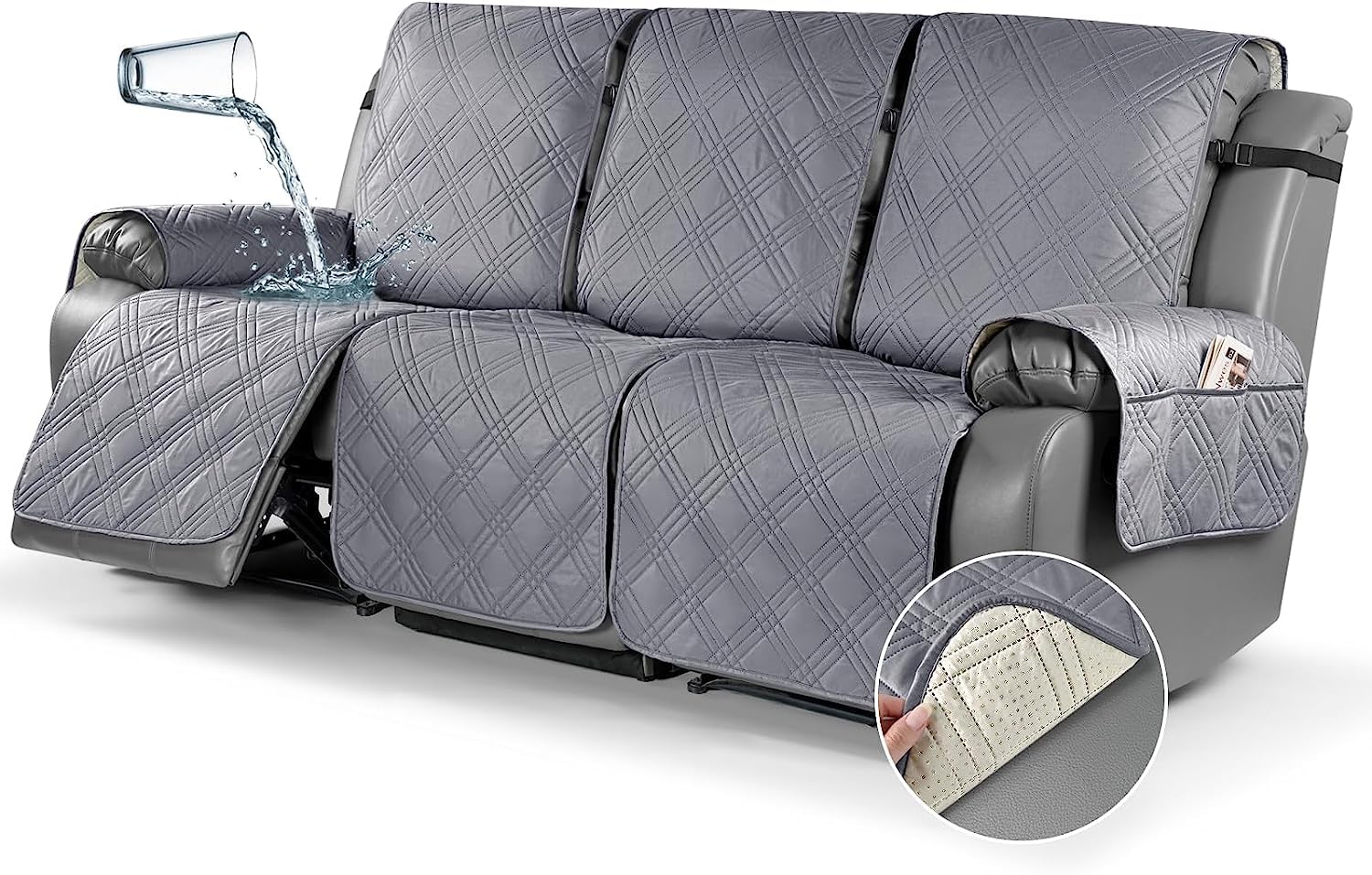 LINGKY Protector Funda Sillon Relax, Cubre Sofa 1 Plaza, Cubre Sillon reclinable Acolchado Reversible, Fundas para Sofa Antimanchas (Gris Claro,3 Plazas)