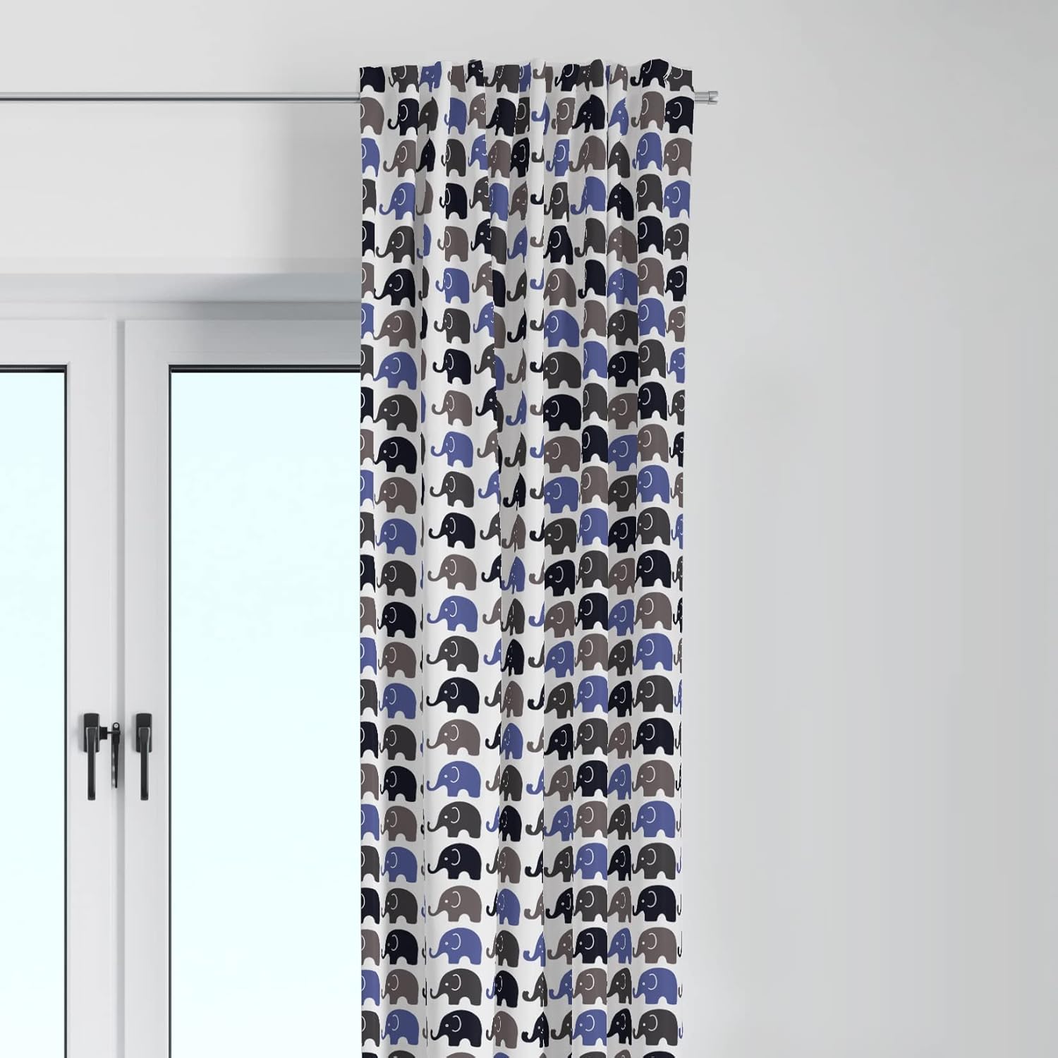 Bacati - Single Light Filtering Curtain Panel Elephants (Blue Navy Gray)