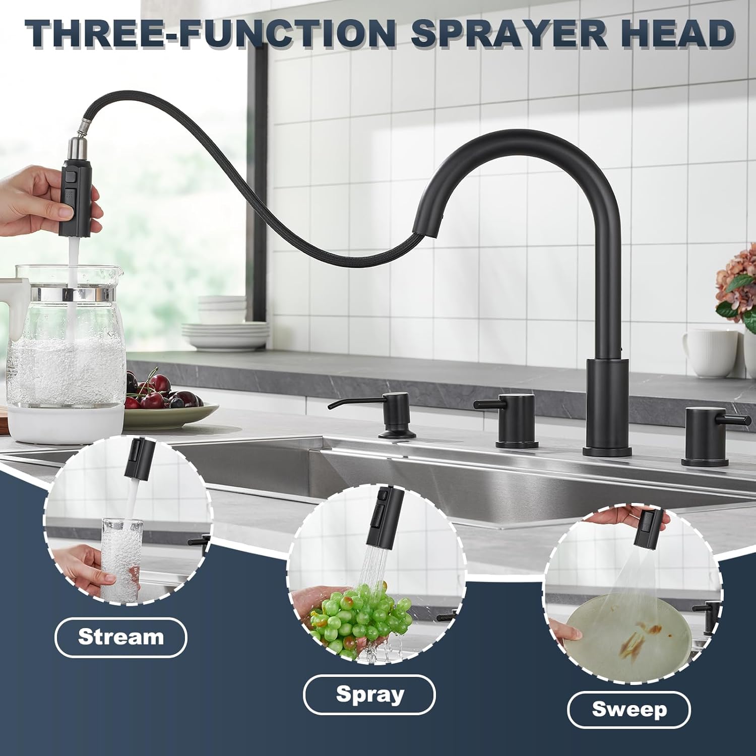 Tohlar 4 Hole Kitchen Faucet, Brushed Gold Kitchen Faucet with Soap Dispenser and Pull Down Sprayer 3 Modes Kitchen Sink Faucets, Stainless Steel High Arch Kitchen Sink Faucet with Separate Handle