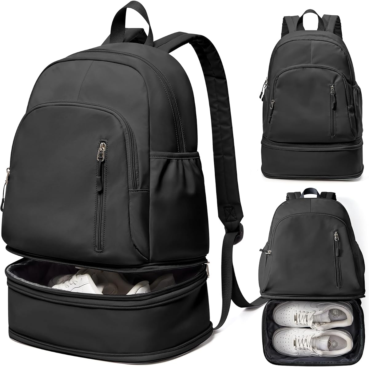 Mochila de gimnasio para mujeres y hombres, bolsa de animación, bolsa de gimnasio ligera con compartimento para zapatos, mochila deportiva impermeable con bolsillo húmedo, negro