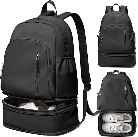 Gym Backpack for Women and Men, Lightweight Waterproof Sports Bag with Shoe and Wet Pocket, Black