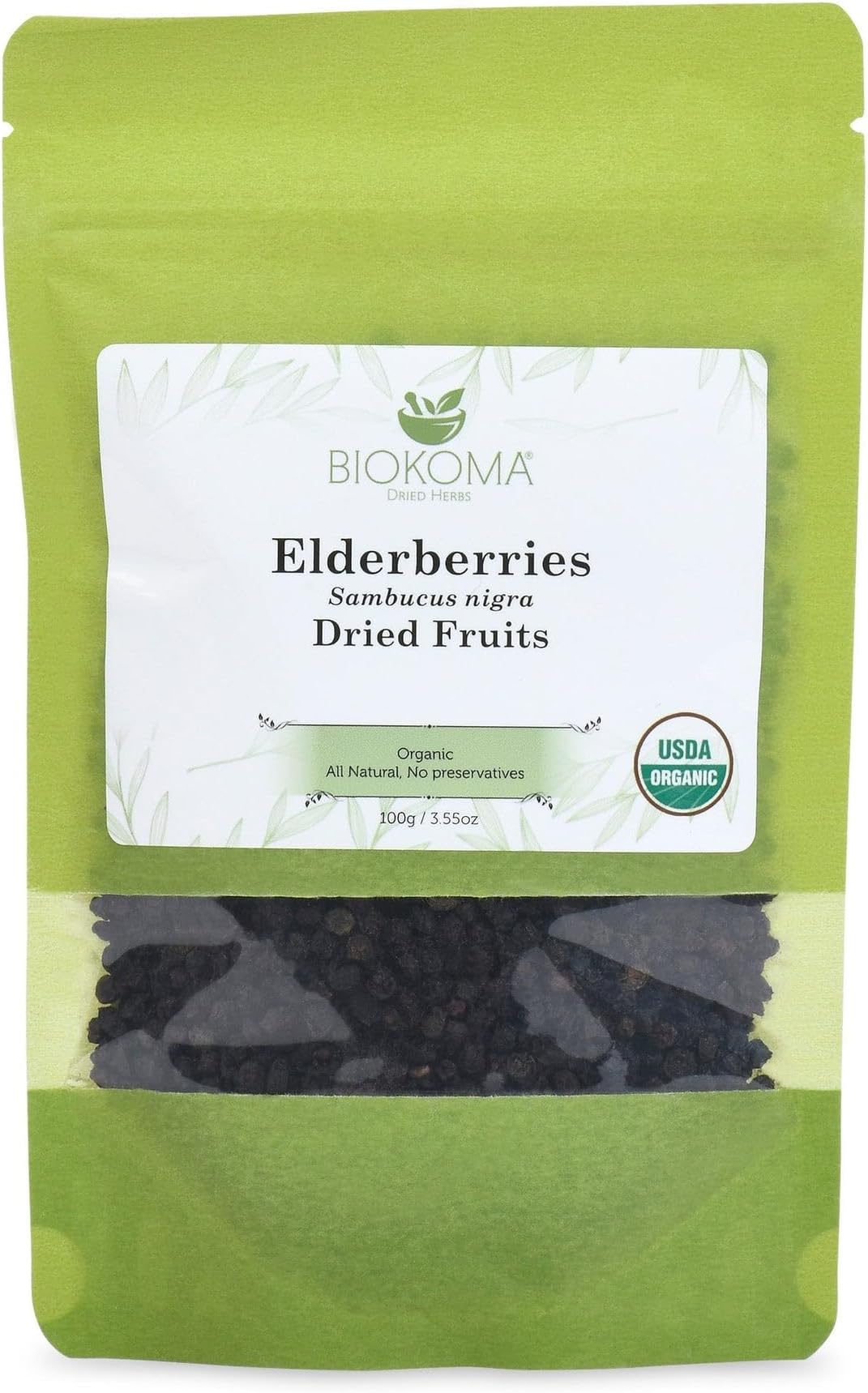 Biokoma Organic Elderberries Dried Fruits 100g (3.55oz) Immunity Digestion Boost Resealable Moisture Proof Pouch USDA Certified Organic Herbal Tea No Additives No Preservatives No GMO Kosher