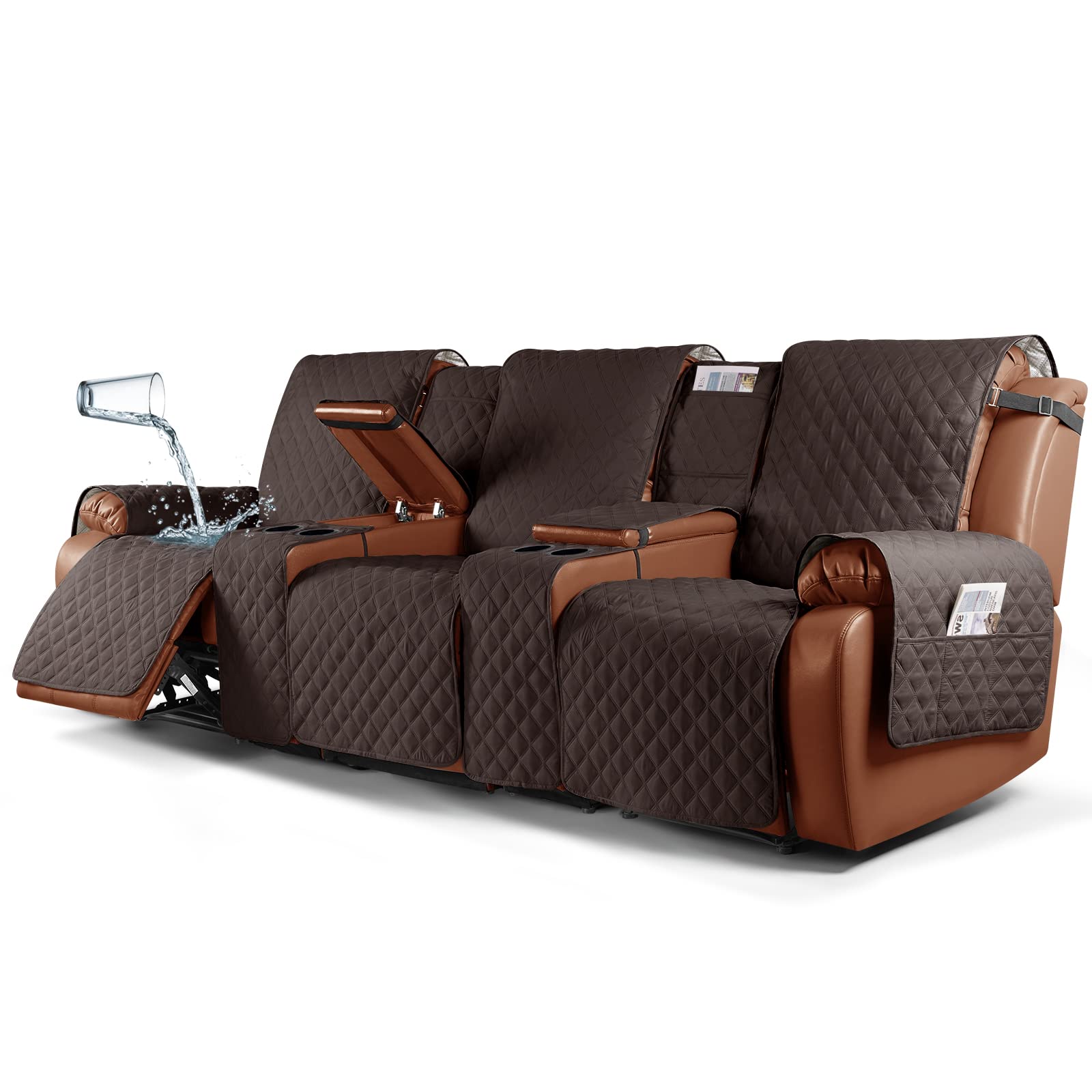 Ruaozz Waterproof Recliner Sofa Cover with Console, Non-Slip Cover Pet Cover for Double Recliner Split Sofa Cover with Elastic Straps for Kids, Dogs, Pets (Chocolate, 3 Seater)