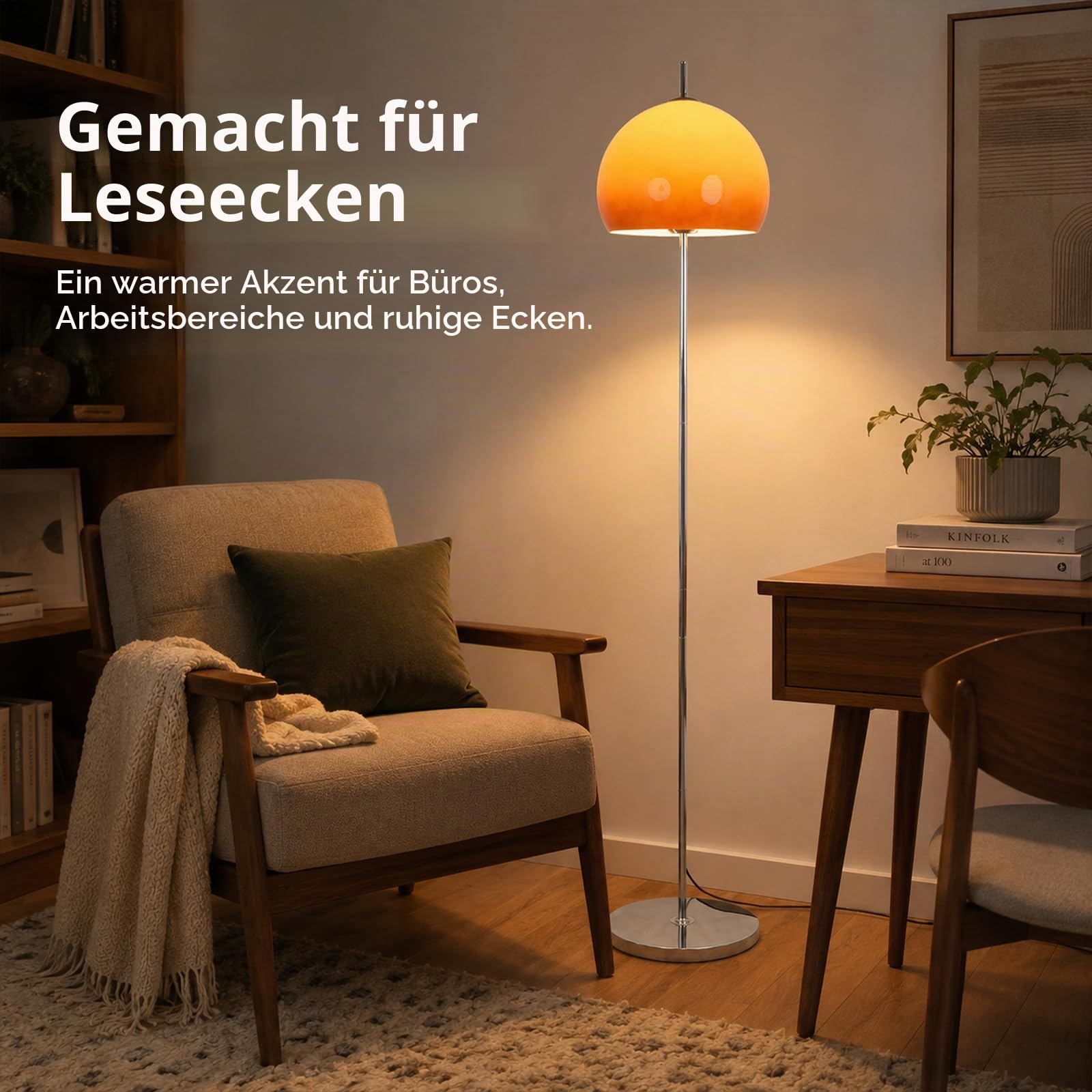 Orangefarbene Pilz-Stehlampe 161 CM Mit Glaskugel Für Wohnzimmer | Mid-Century Modern, Sunset-Glaskugel, E27, 3 Farbtemperaturen, Fußschalter, Hohe Chromstange Für Schlafzimmer Und Büro