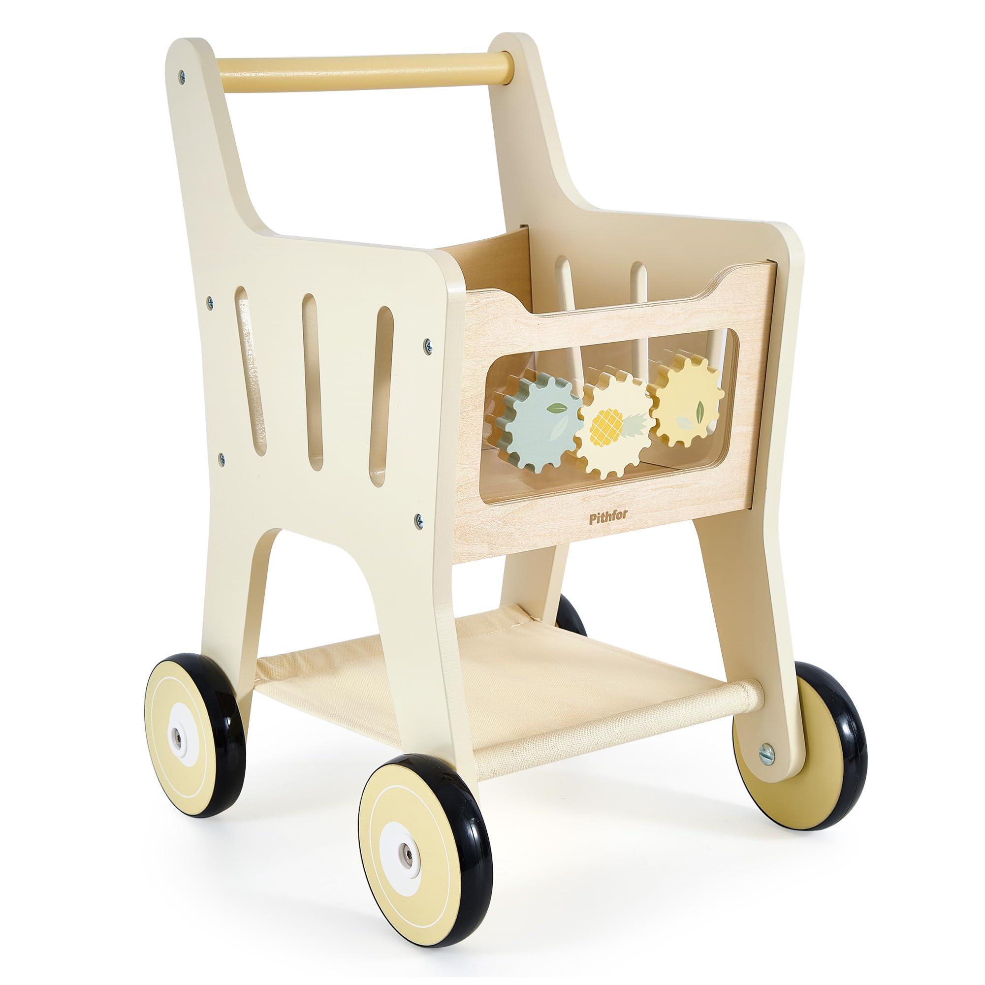Pithfor Holz-Einkaufswagen für Kinder, 3-in-1 Holz-Baby-Push-Walker, Baby-Puppen-Kinderwagen, Spielzeug-Einkaufswagen für Kleinkinder 1-3