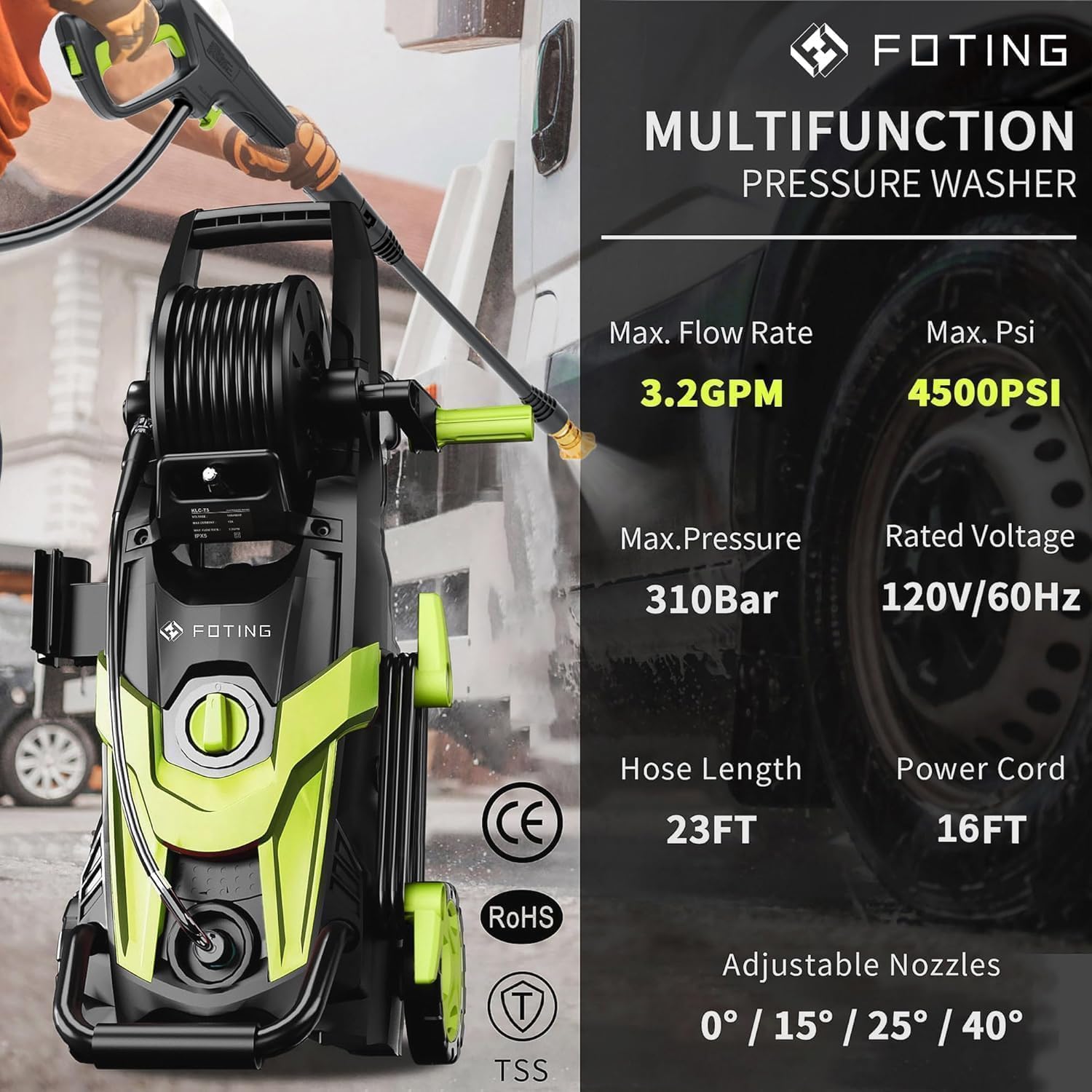 4500 PSI Pressure Washer, Power Washer with 4 Quick Connect Nozzle & Foam Cannon & Filter, High Pressure Washer for Cars/Fences/Driveways/Patio/Home Cleaning, Green — view 2