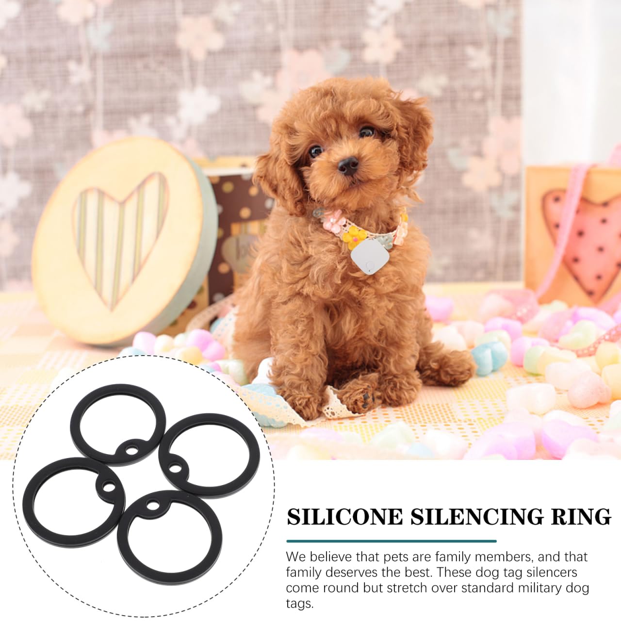 Garneck Lot de 4 étiquettes pour chien en silicone - Noir - Anneau en caoutchouc pour médailles de chien - Protège et atténue les bruits des étiquettes d'identification de chien militaire