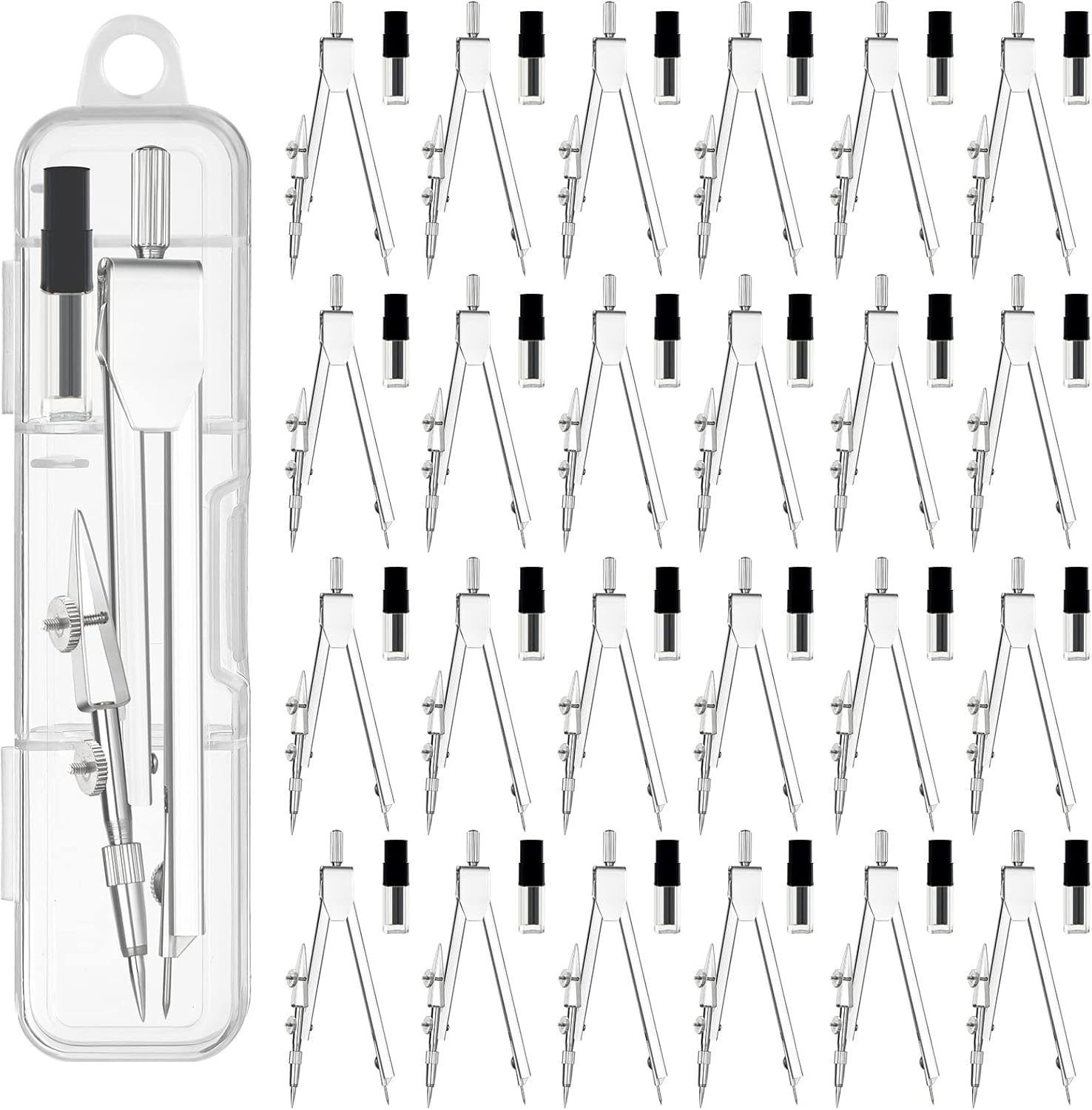 24 Pack Student Metal Compass Set for Geometry with Extra Lead Refills, Math