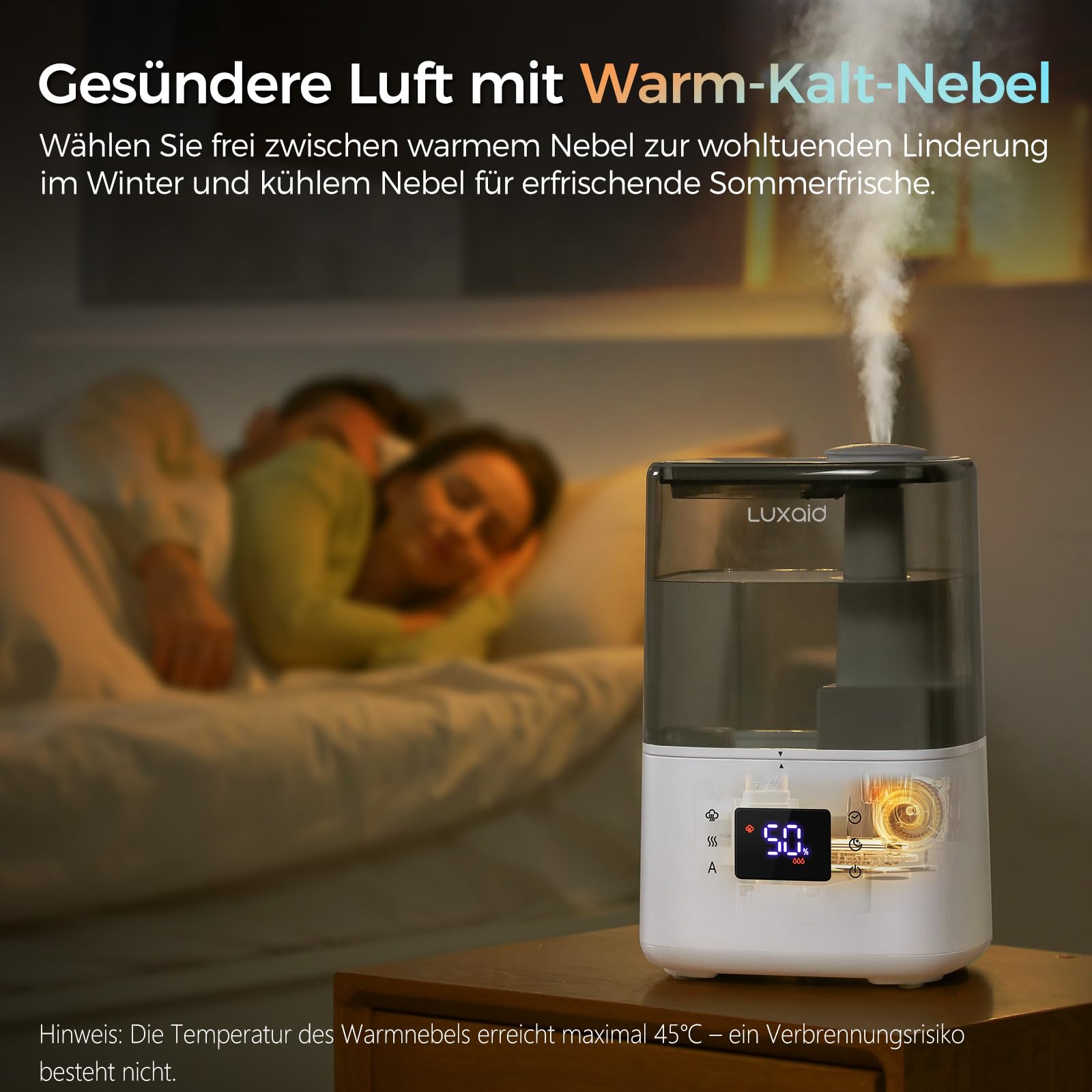 4,5L Luxaid Warm- und Kaltnebel Luftbefeuchter Schlafzimmer Große Räume mit Fernbedienung & Hygrostat, 28dB Leise Humidifier for Bedroom Baby, Top-Fill, bis 45H, Timer, Auto-Abschaltung, HU-802