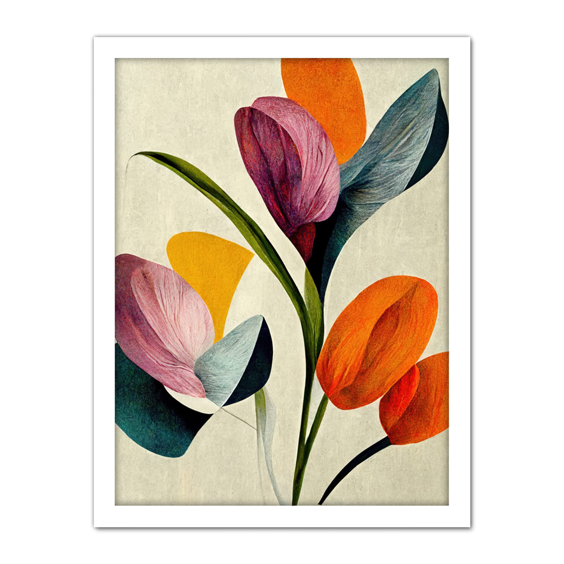 Wee Blue Coo Spring Flowers Floral Bouquet Bold Abstract Boho Coral Mustard Artwork Framed Wall Art Print 18X24 Inch