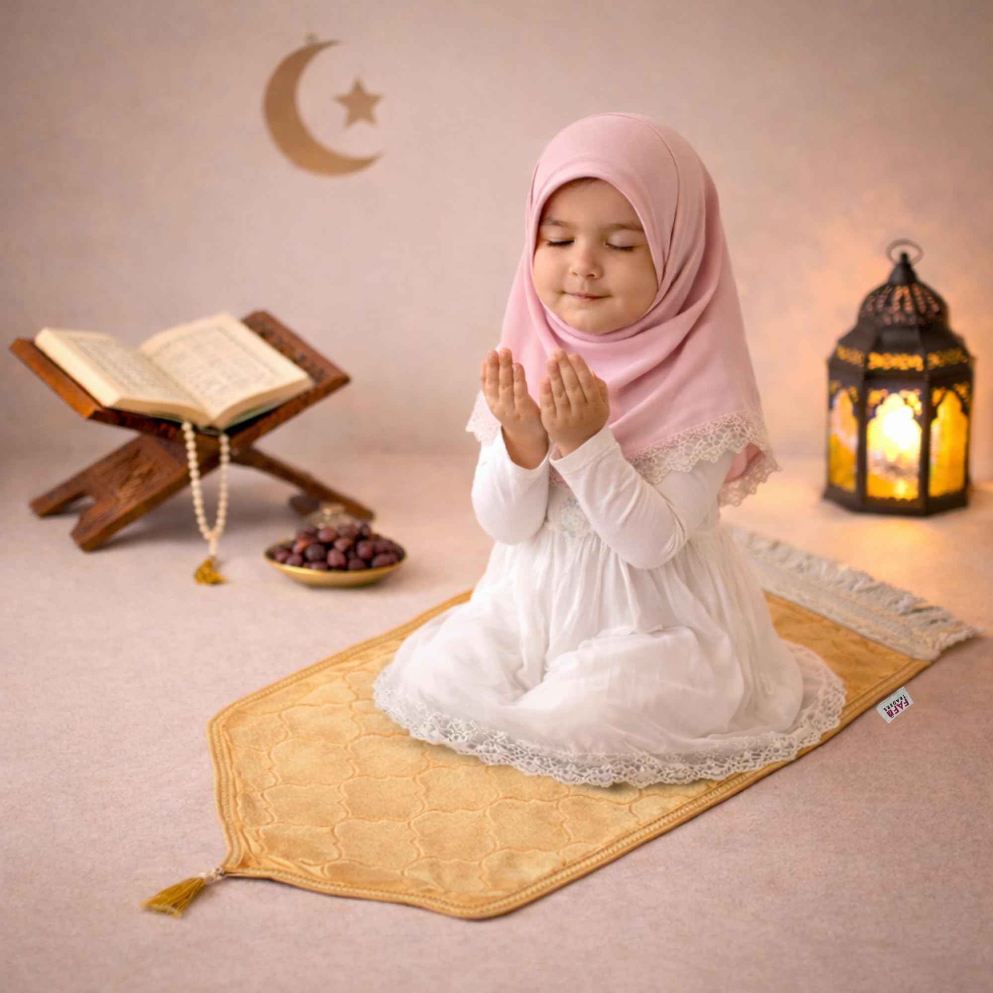 FAF Kids Janamaz Velvet Prayer Mat | Children Islamic Prayer Rug for Boy & Girl (1 to 10) | Soft Thick Namaz Mat, Portable Travel Janemaaz | Mussalla for Home, Mosque & Ramzan, Hajj and Umrah (Grey)-image-0