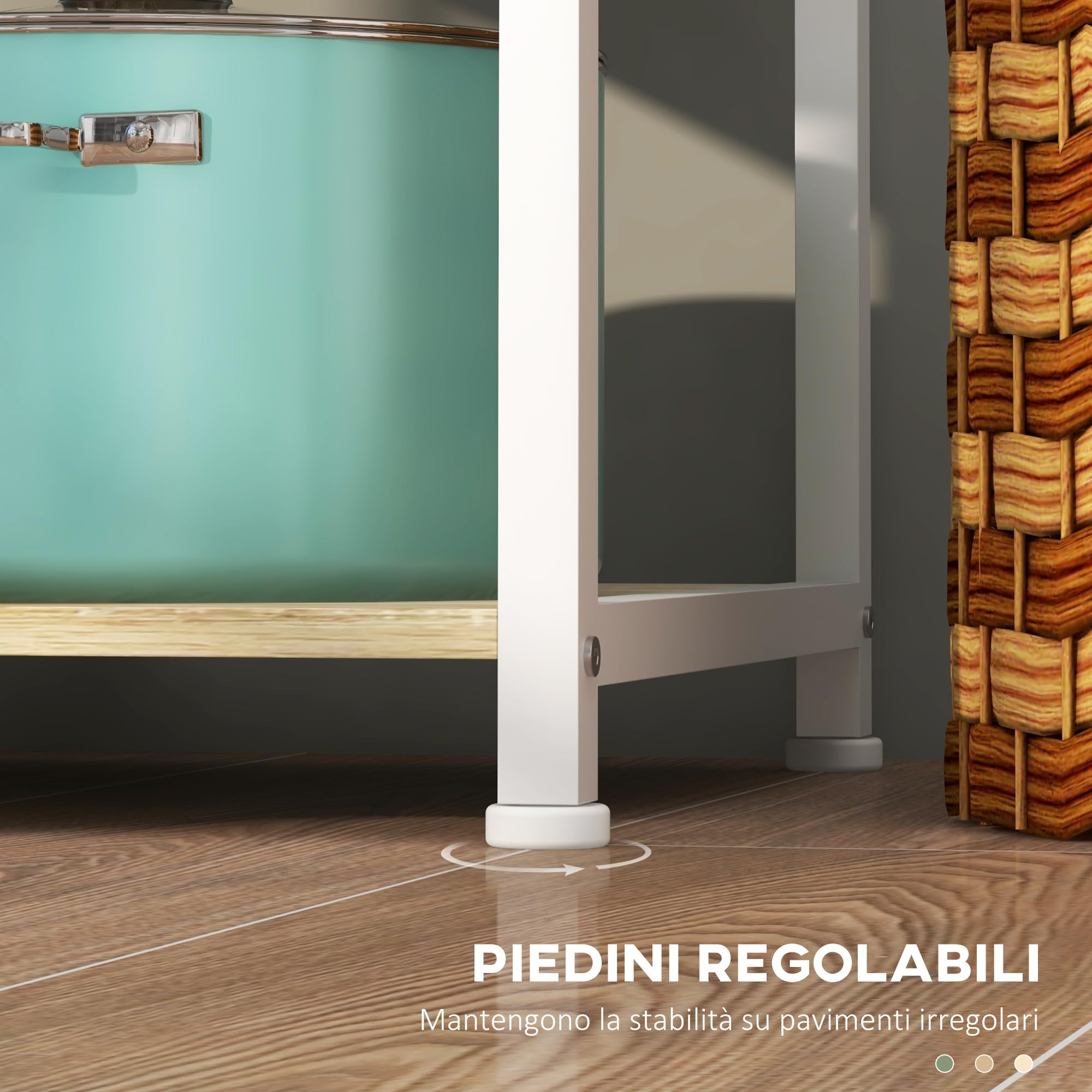 HOMCOM Scaffale da Cucina per Microonde 90x40x84.5cm Quercia e Bianco | Mobile Cucina, 4 Ripiani, Ganci e Cestino a Rete, Legno e Acciaio