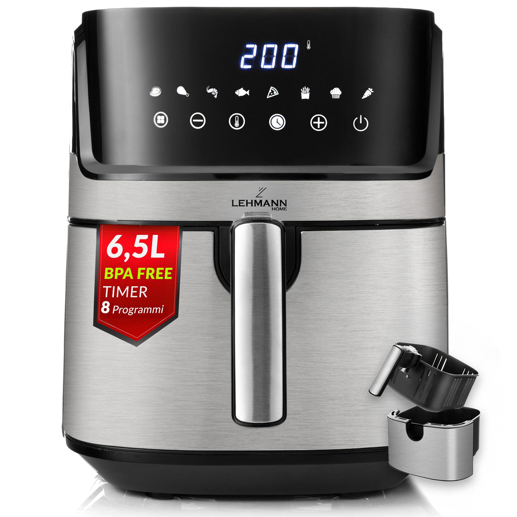 LEHMANN Friggitrice ad aria 6,5L, Air Fryer mit 8 Programmi, Cassetto Antiaderente di Grande Capacità, Display Touch, Timer, Temperatura Regolabile 80–200 °C, Cassetto Lavabile in Lavastoviglie