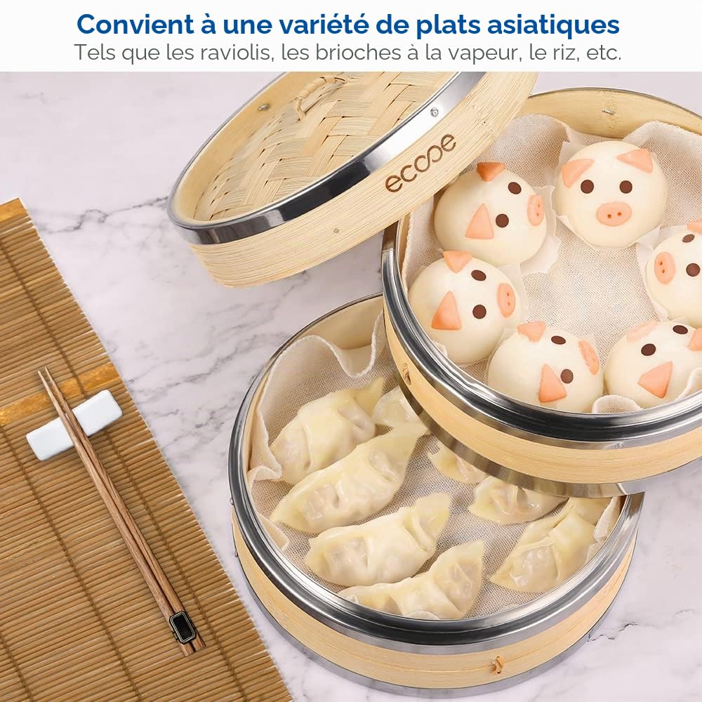 ecooe Cuiseur vapeur en bambou, 2 niveaux avec bord renforcé en acier inoxydable, insert vapeur 25 cm avec 2 chiffons en coton
