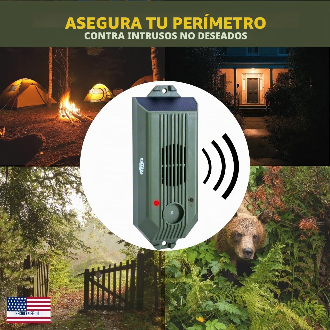 Alarma perimetral con cable Tactiko 2.0, 129 dB recargable – Alambre de Kevlar de 24.4m, solar/USB, resistente a la intemperie, disuasorio de osos para acampada, propiedad, seguridad del hogar (1