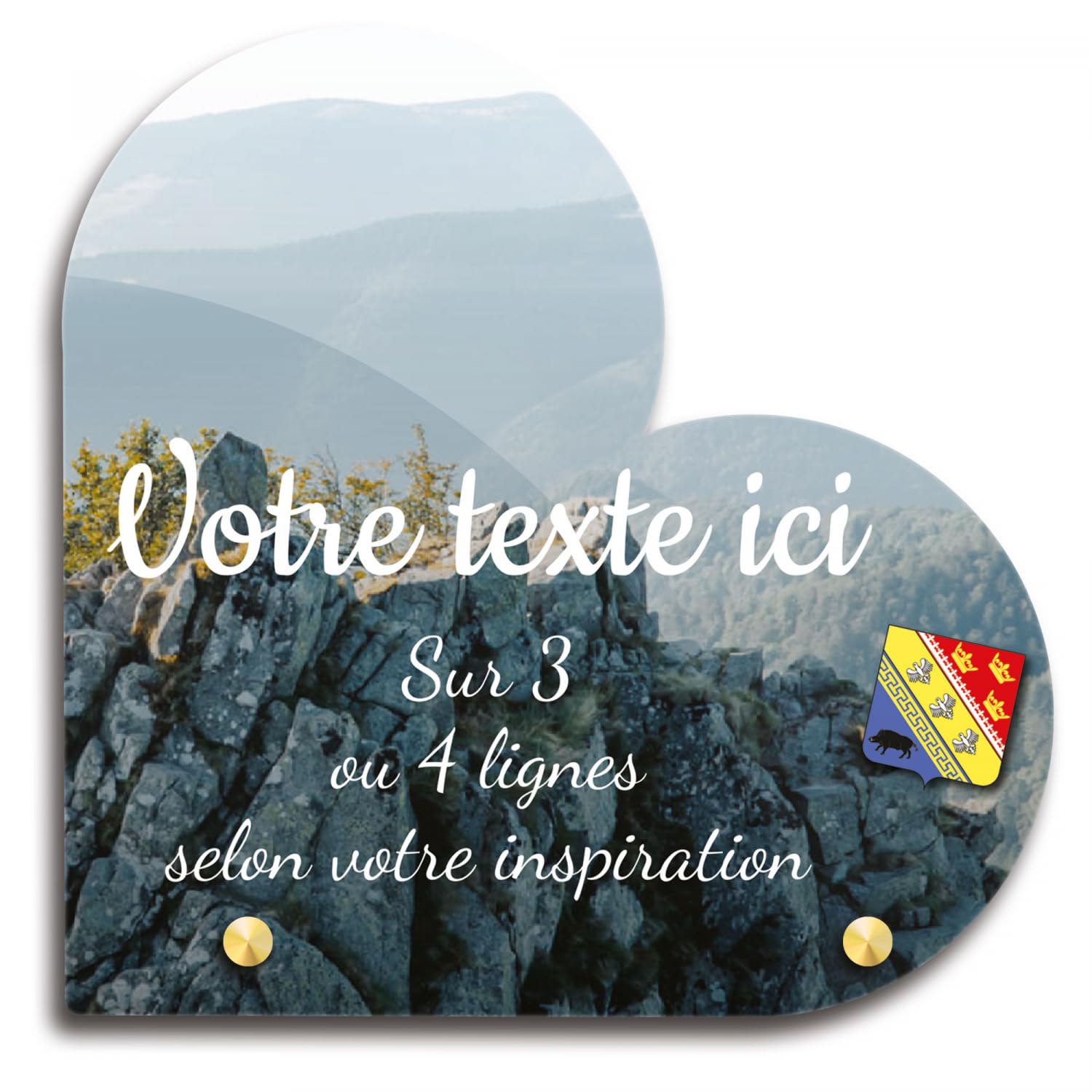 Placa funeraria Corazón personalizable en plexi con diseño regional Grand Est Montaña, varios tamaños, grosor 6mm, personalizado en varias líneas 20x20 cm