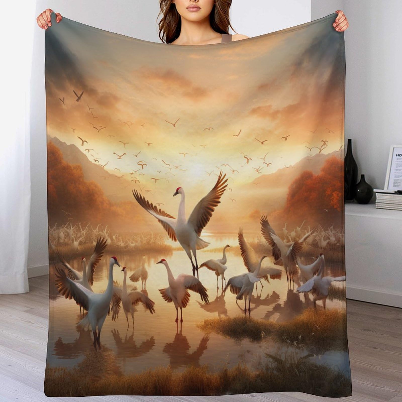 Couverture grue blanche en polaire de flannel legere couvre-lit de lit et canape 180x200cm