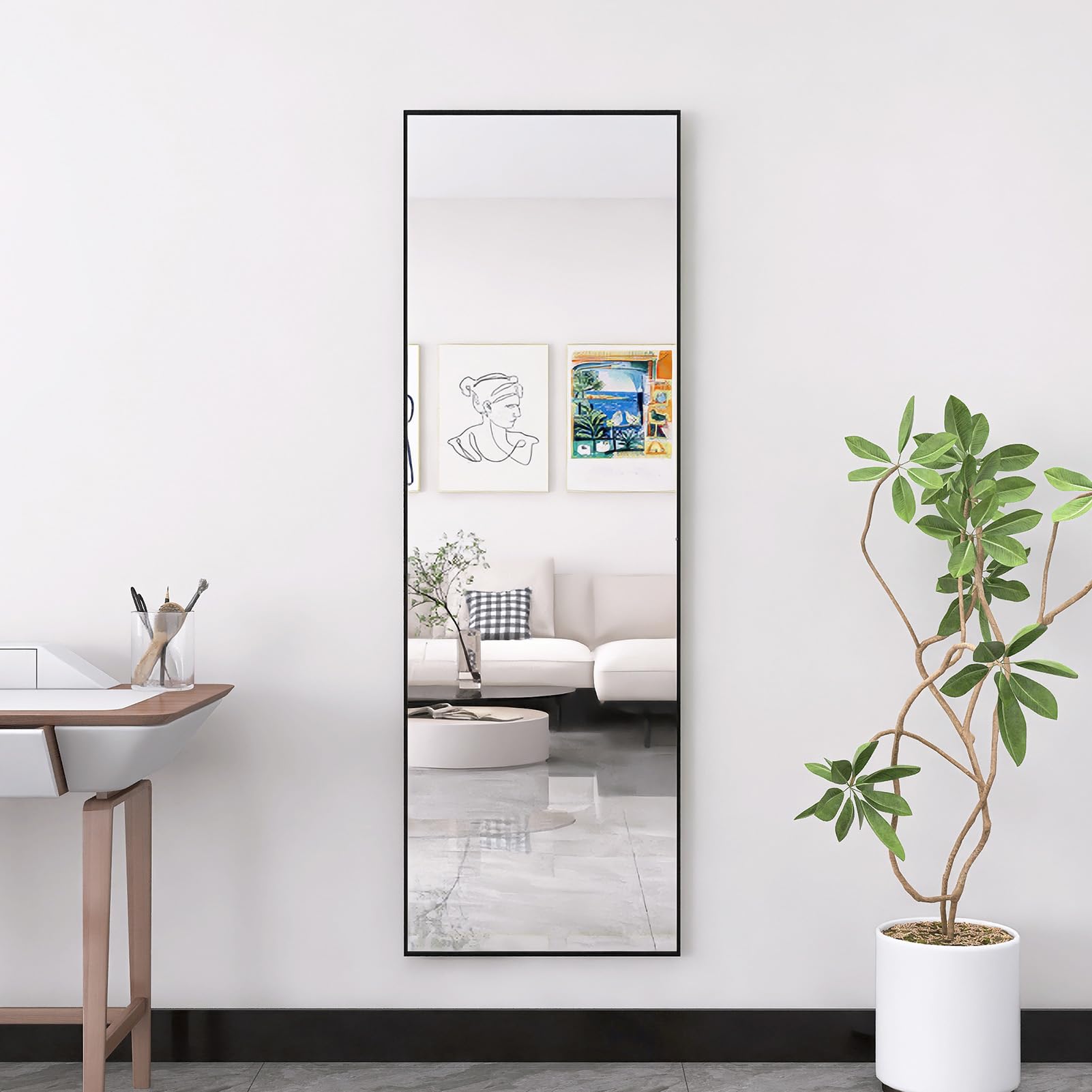 Specchio Pieno Lunghezza 162 x 53 cm, Grande Specchio da Pavimento Rettangolare da Appendere o Inclinare, Telaio in Lega di Alluminio Nero, Specchi su Piede per Soggiorno Camera