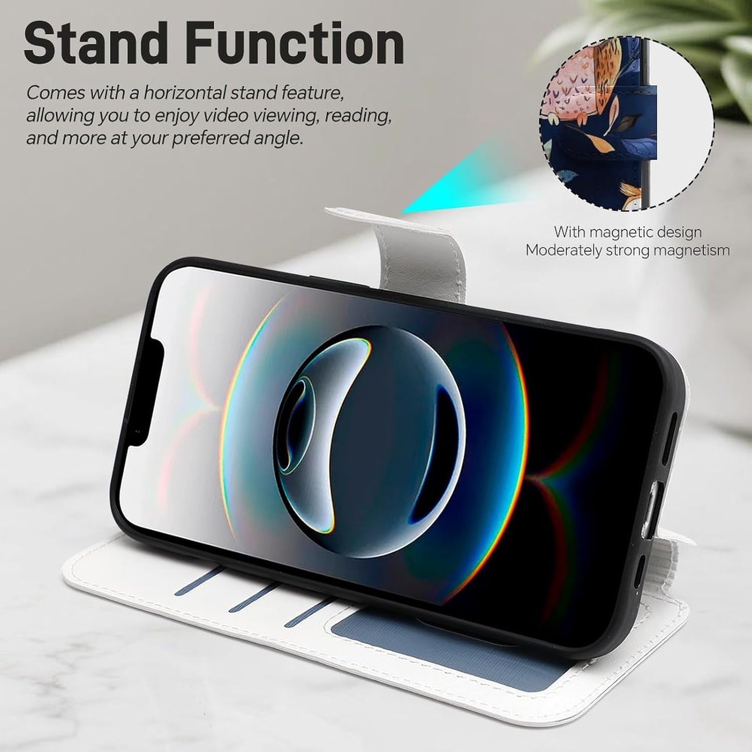 Colorful Owls and Leaves Compatible with iPhone 16/16 Plus/16 Pro/16 Pro Max/16 E Case Phone Wallet Card Holder Flip Cover with Wrist Strap