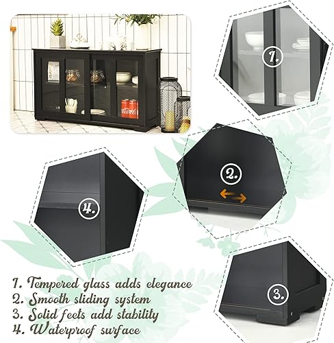 Miniatura 5 de LOKO Armario apilable para bufé, armario de almacenamiento de cocina con puertas corredizas de vidrio templado, pequeño aparador para cocina, Negro