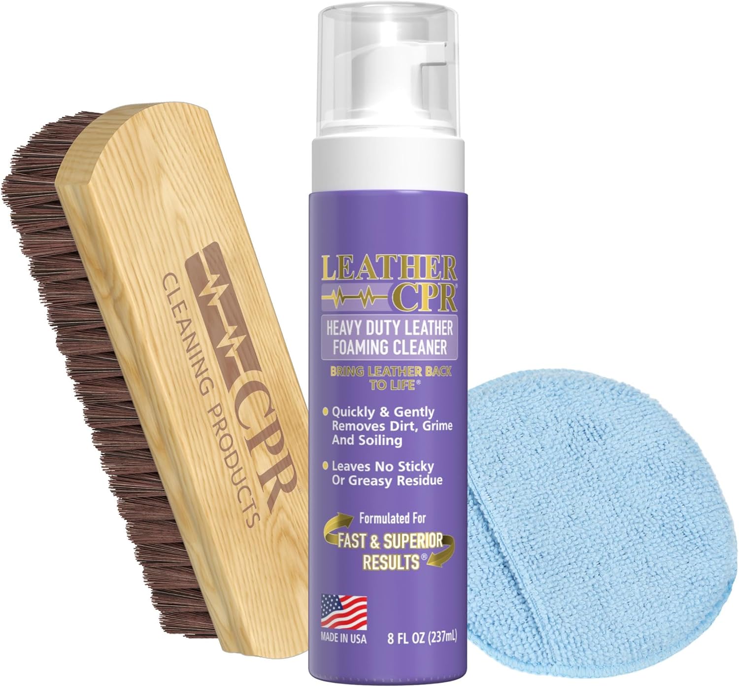 Leather CPR Heavy Duty Leather Foaming Cleaner - 8 oz & Horsehair Brush with Microfiber Applicator Pad Kit