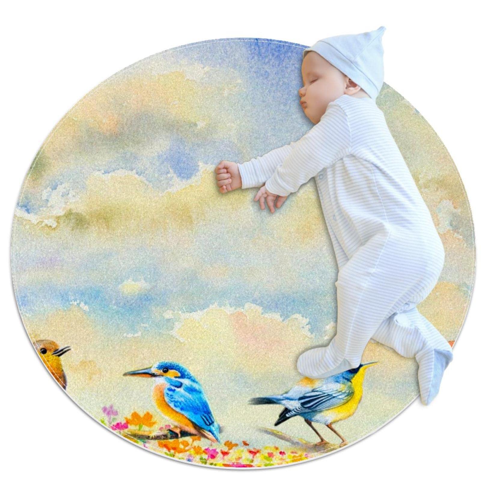 Tapis rond oiseaux et papillons JDEZ 100x100cm pour chambre et salon