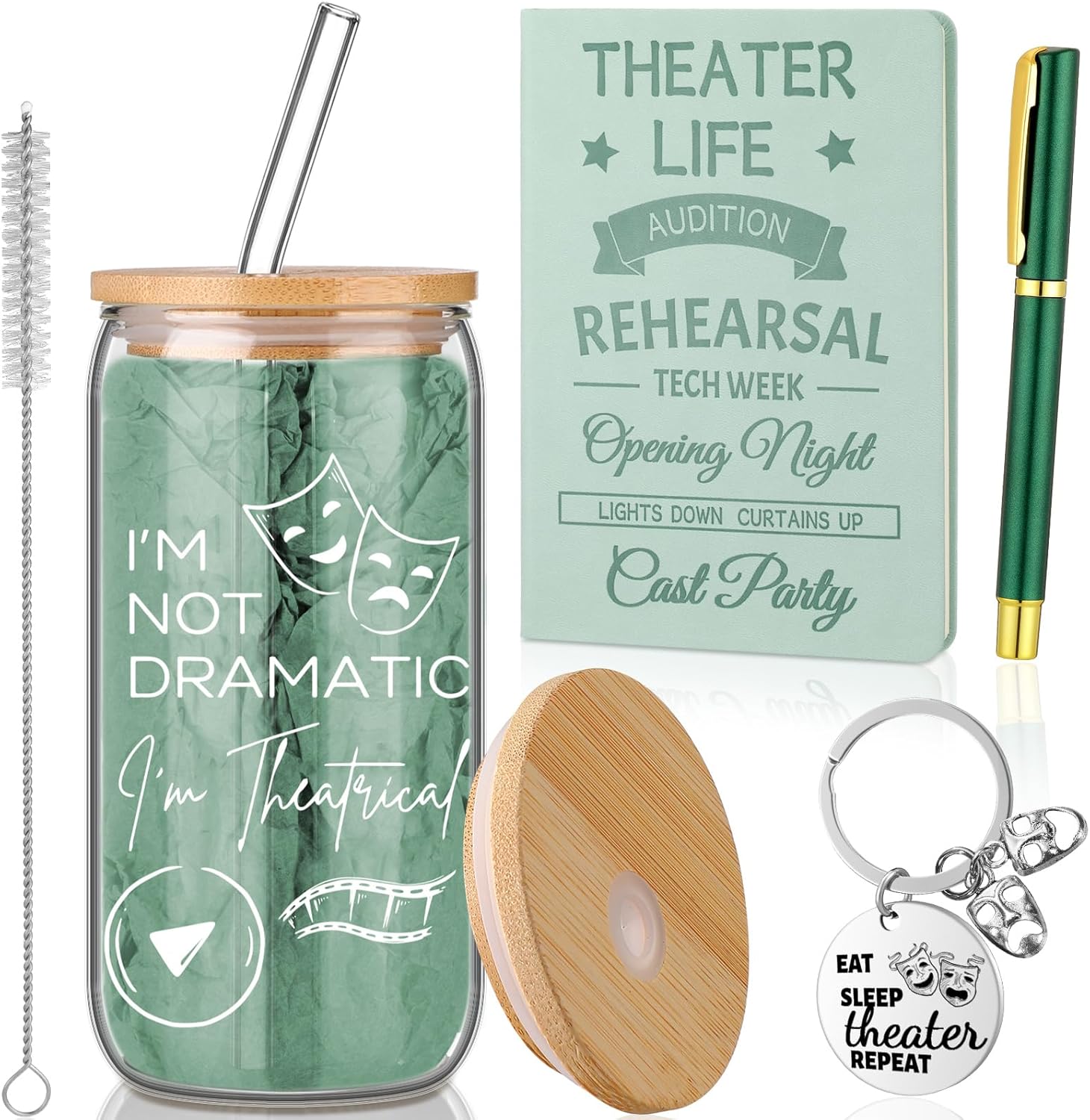 4 Pcs Theatre Gifts for Women Teens Theater Life 16oz Glass Cup Leather Notebook Ballpoint Pen Keychain Musical Broadway Graduation Gifts for Theatre Performers Directors Actors Drama Teacher(Green)