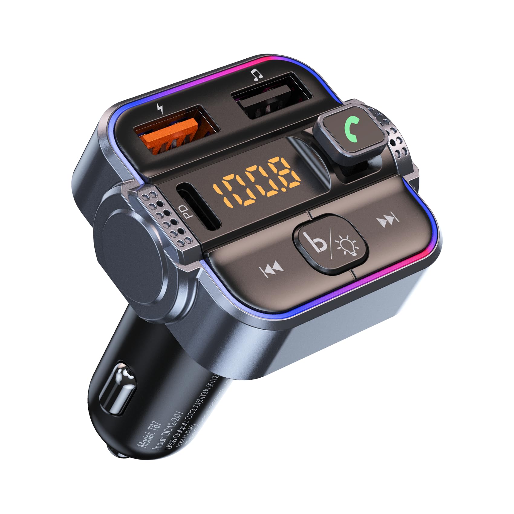 Tsnam Transmisor FM Bluetooth 5.3 para coche, receptor de radio inalámbrico con manos libres y micrófono dual, cargador rápido PD de 30 W y QC3.0