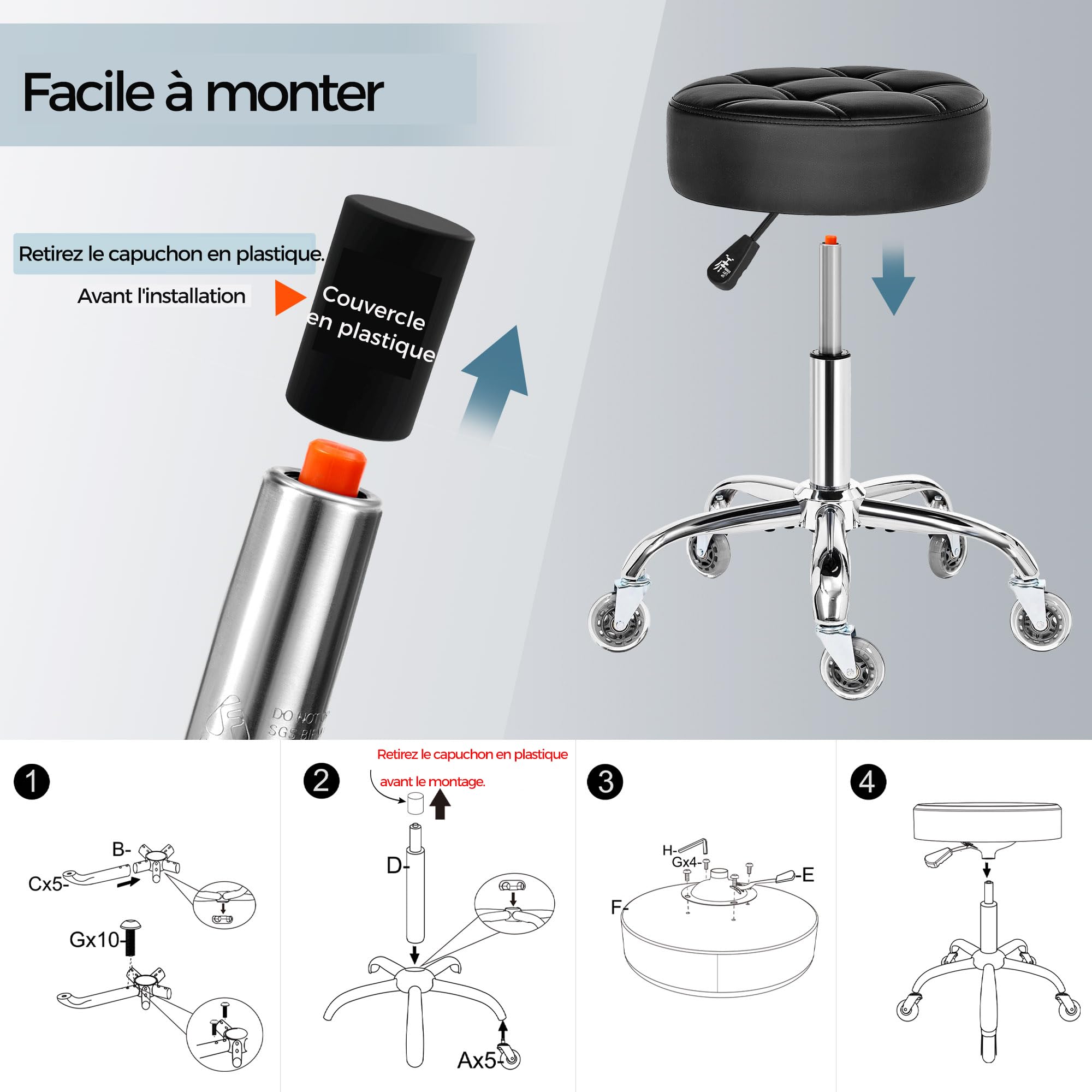 BEWISHOME Tabouret roulettes,Tabouret Bureau Réglable,avec Capacité de Charge jusqu'à 200kg,Rembourrage de Siège en PU,avec roulettes 360° pour Salon,Spa,Massage (Noir) EBYD01B