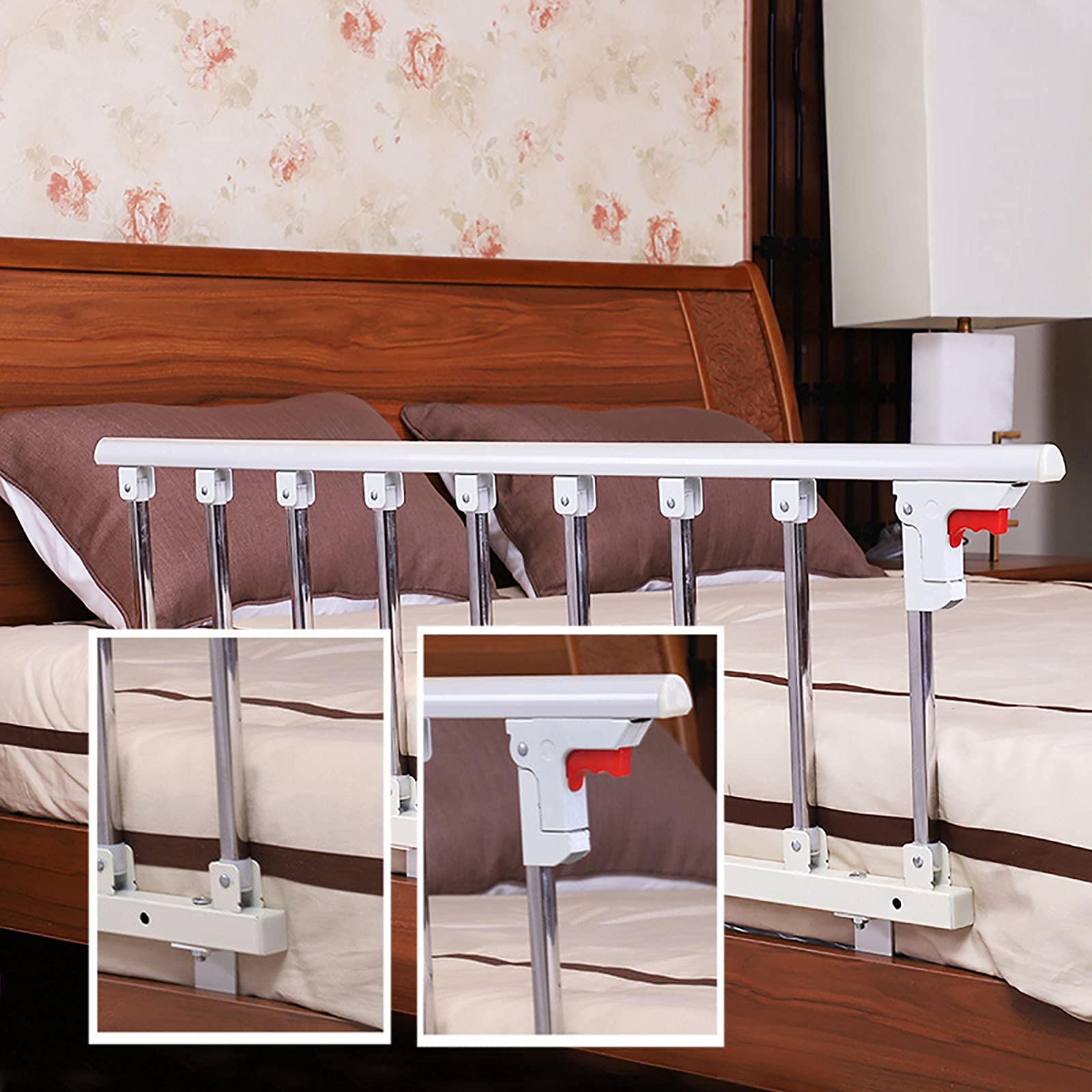Barandilla de Seguridad Plegable para Cama de Adultos Mayores, barandilla metálica de Asistencia para Hospital con Barra Protectora, 50 cm de Altura, Color Blanco Plateado, diseño de segurid