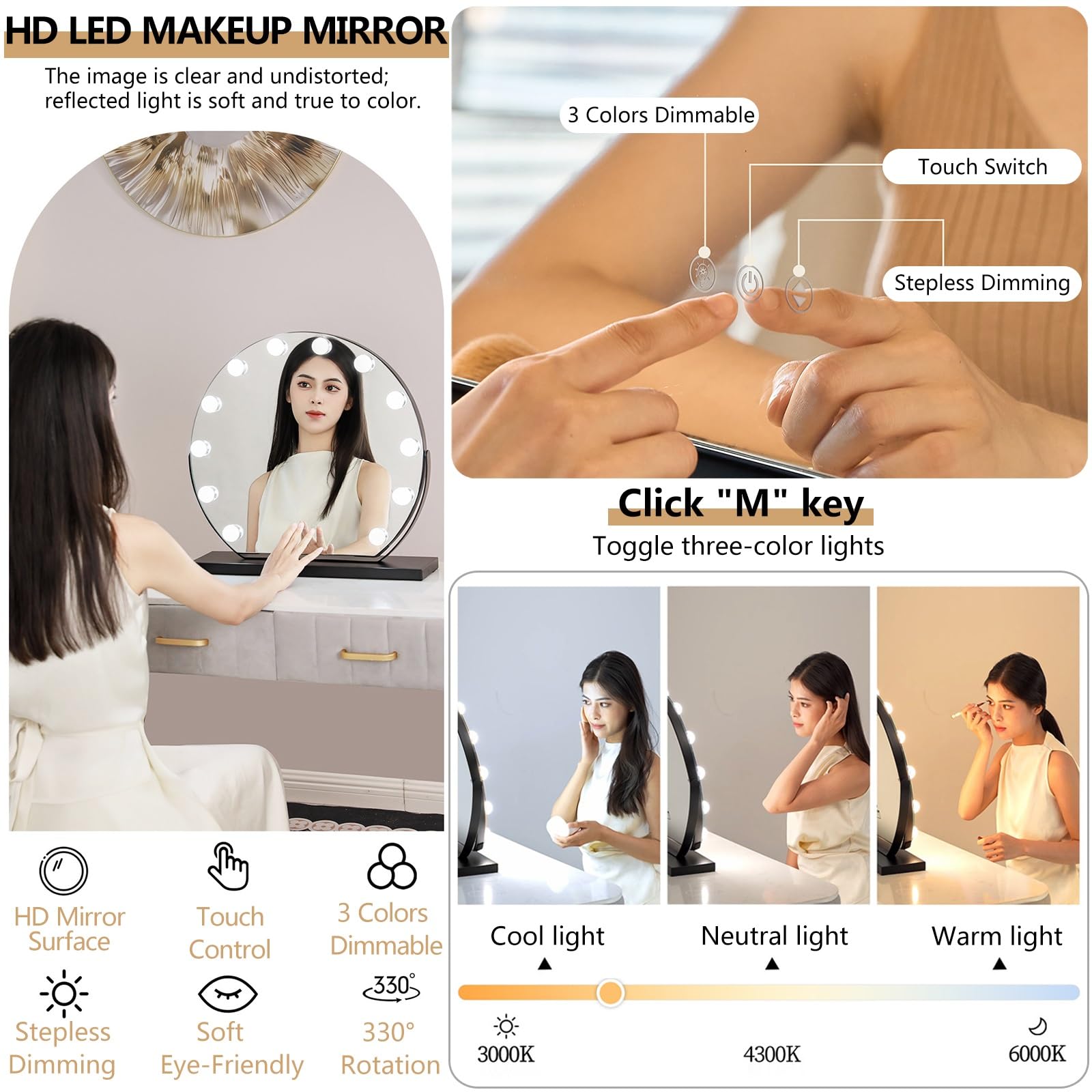 Specchio da Tavolo Illuminato LED con Luci Controllo Touch