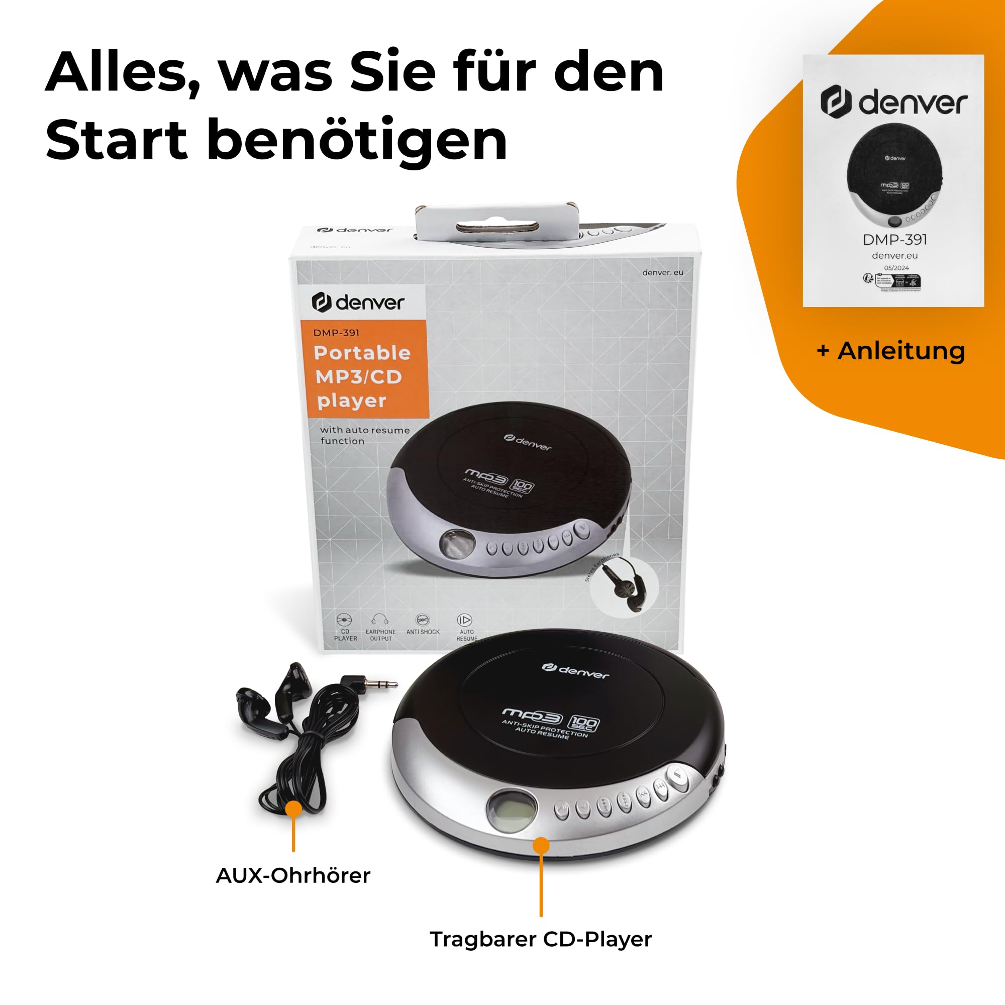 Denver Tragbarer CD-Player DMP-391 - Walkman - Anti-Schock-Funktion Mit Bassverstärkungssystem - mit Kopfhörer