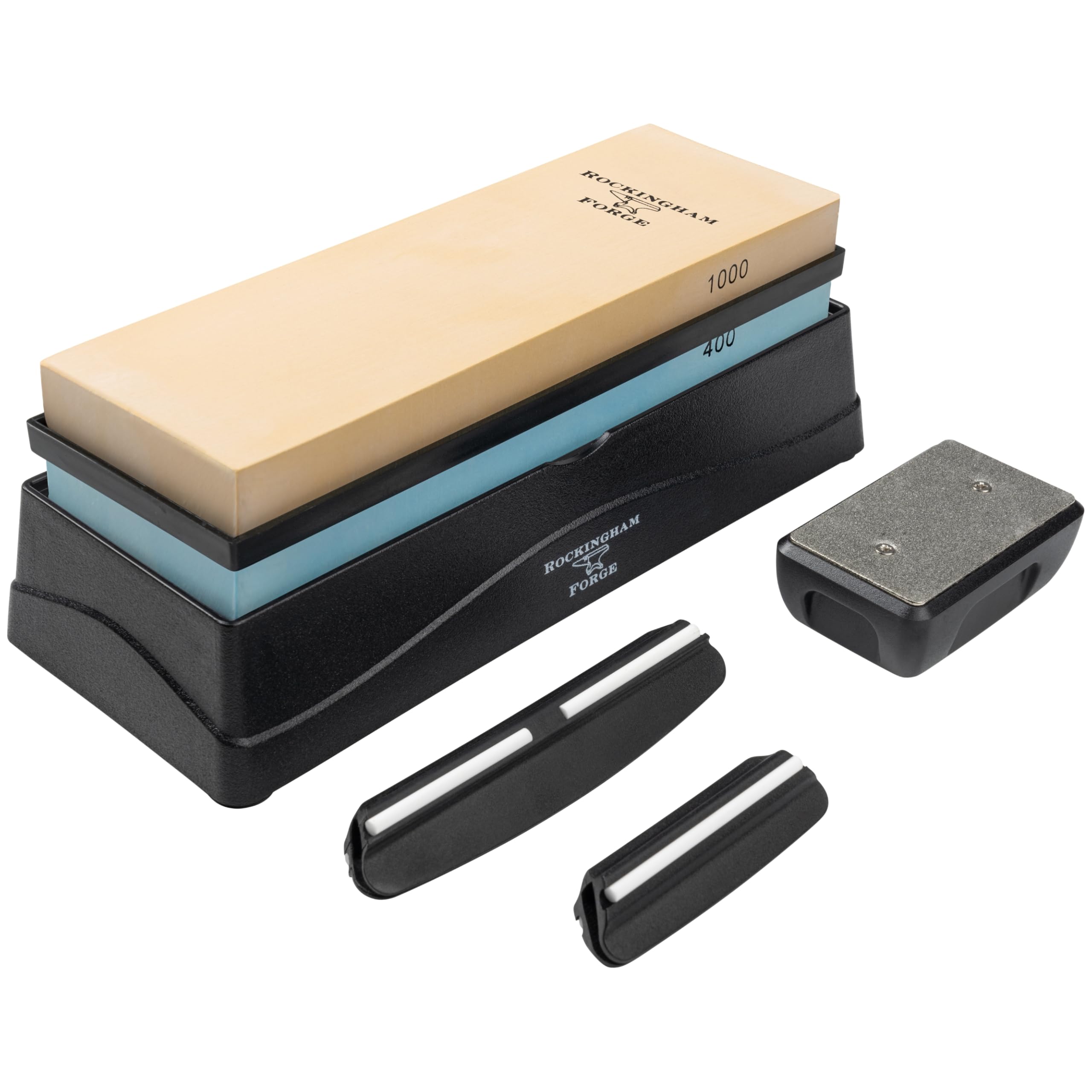Rockingham Forge Ceramic Combination Whetstone Sharpening Kit - 2-in-1 Coarse/Medium 400/1000 Grit Whetstone, Guide Rails, Sharpening Stand & Levelling Stone- Professional Knife Sharpening Set