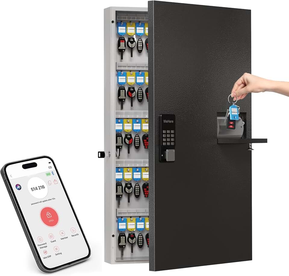 WeHere 104 Keys Lock Box, Key Management Cabinet Key with Drop Slot, APP Bluetooth, Digital Keypad, &amp; WiFi Unlock, Access Log Tracking, Key Return Box for Hotel, Car Dealerships, Office, School