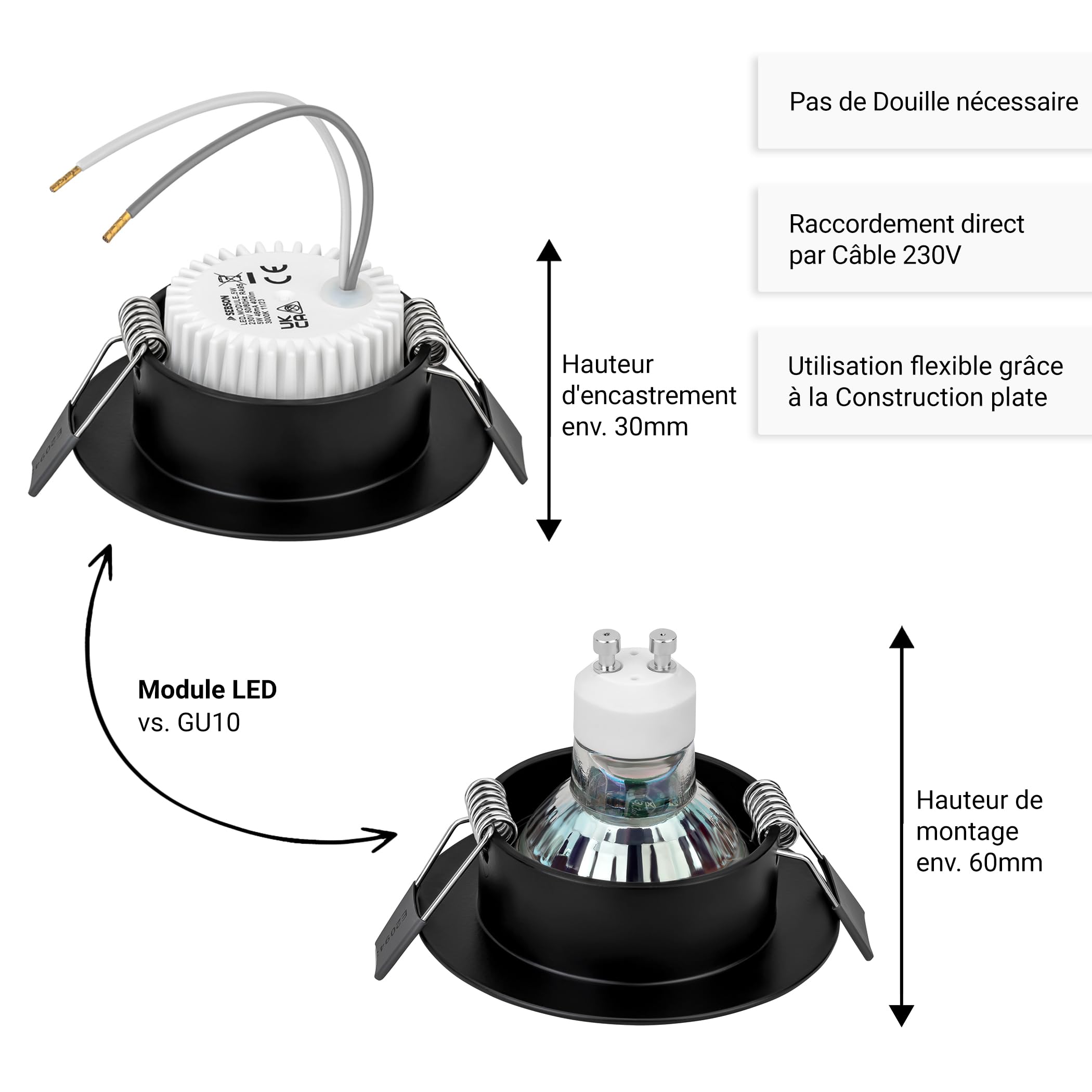 SEBSON Module LED 5W 400lm Blanc Chaud 3000K ø50x26mm 230V - Lot de 10 | Ultra Plat, Non Dimmable, Remplace Lampe GU10 MR16, Ampoule pour Spots Encastrables