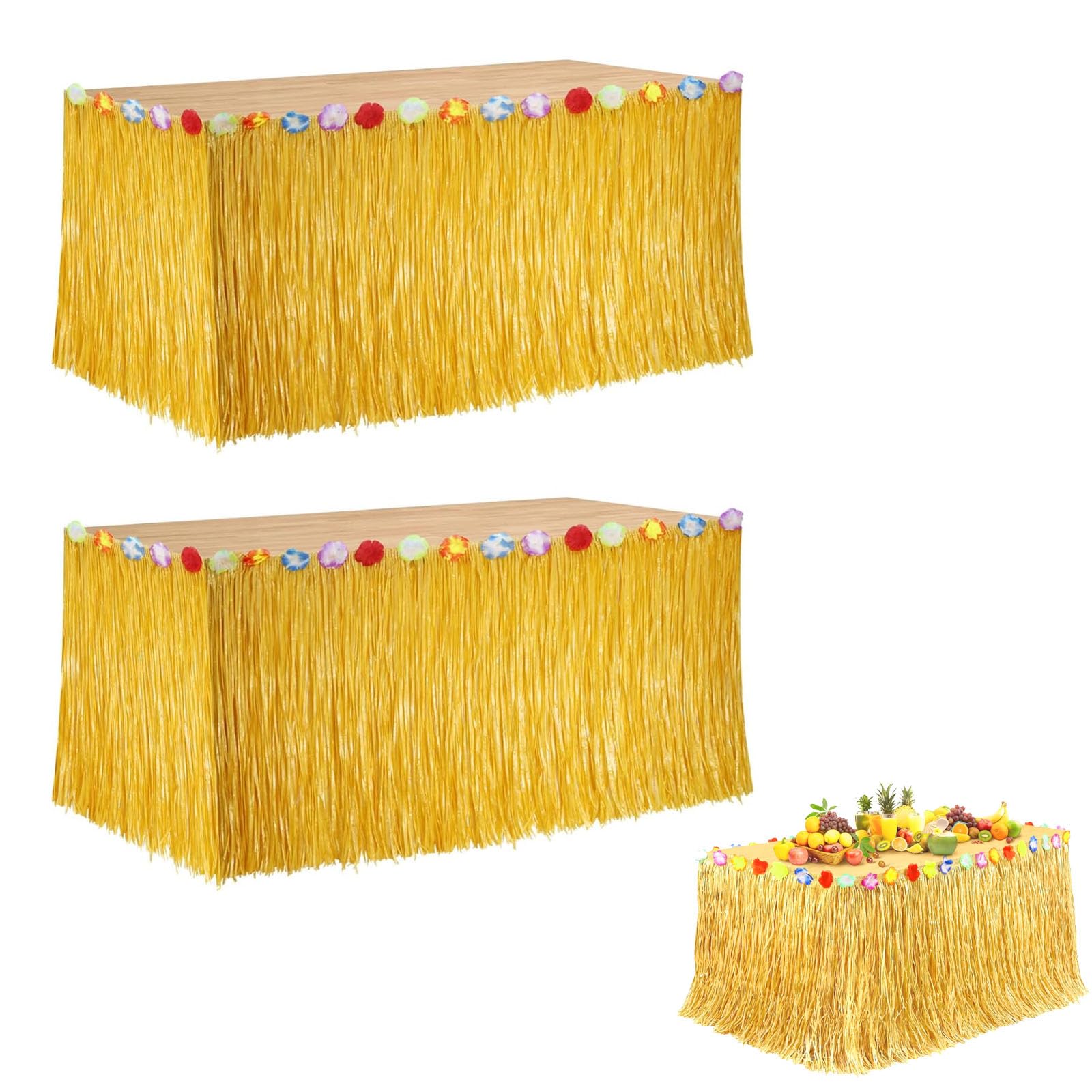 Set di 2 Tovaglie in Stile Hawaiano – 276 x 75 cm, Tovaglie di Paglia per Decorazioni Tropicali con Nastro Adesivo e Anelli Decorativi, Perfette per Feste a Tema Luau, Estive e da Spiaggia