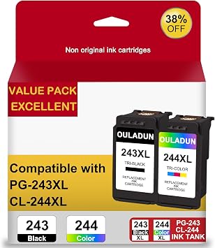 PG-243XL/CL-244XL Ink Cartridges Replacement for Canon 243XL 244XL Combo Pack for Pixma TR4520 TS3322 TR4522 TS3122 MG2520 MG2522 MG2922 MX490 MX492 Printers 1 Black+1 Color