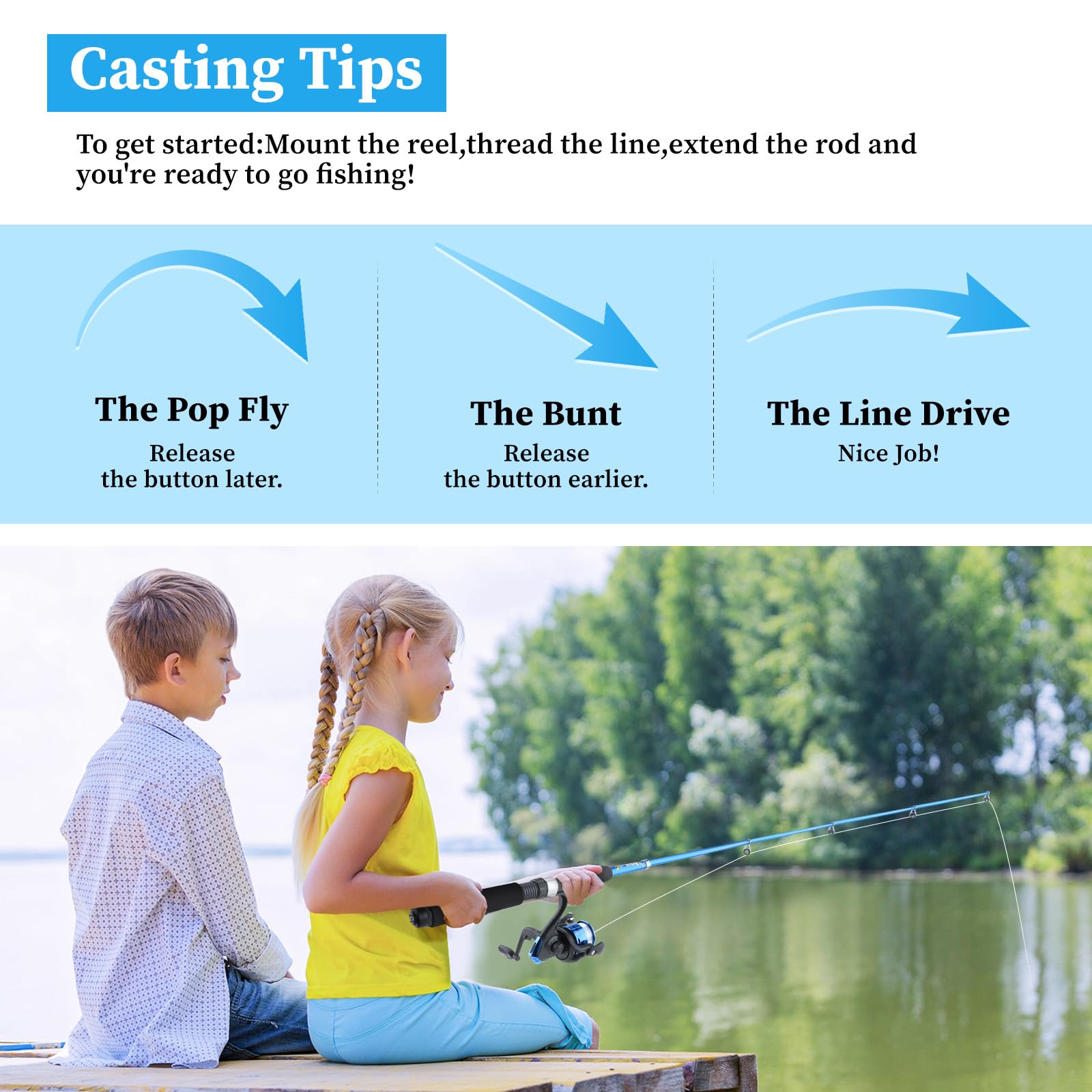 Juego de caña de pescar para niños, kit de pesca para niños a partir de 15 años, combo de caña de pescar telescópica y carrete para jóvenes, equipo de pesca con mosca y caja de aparejos