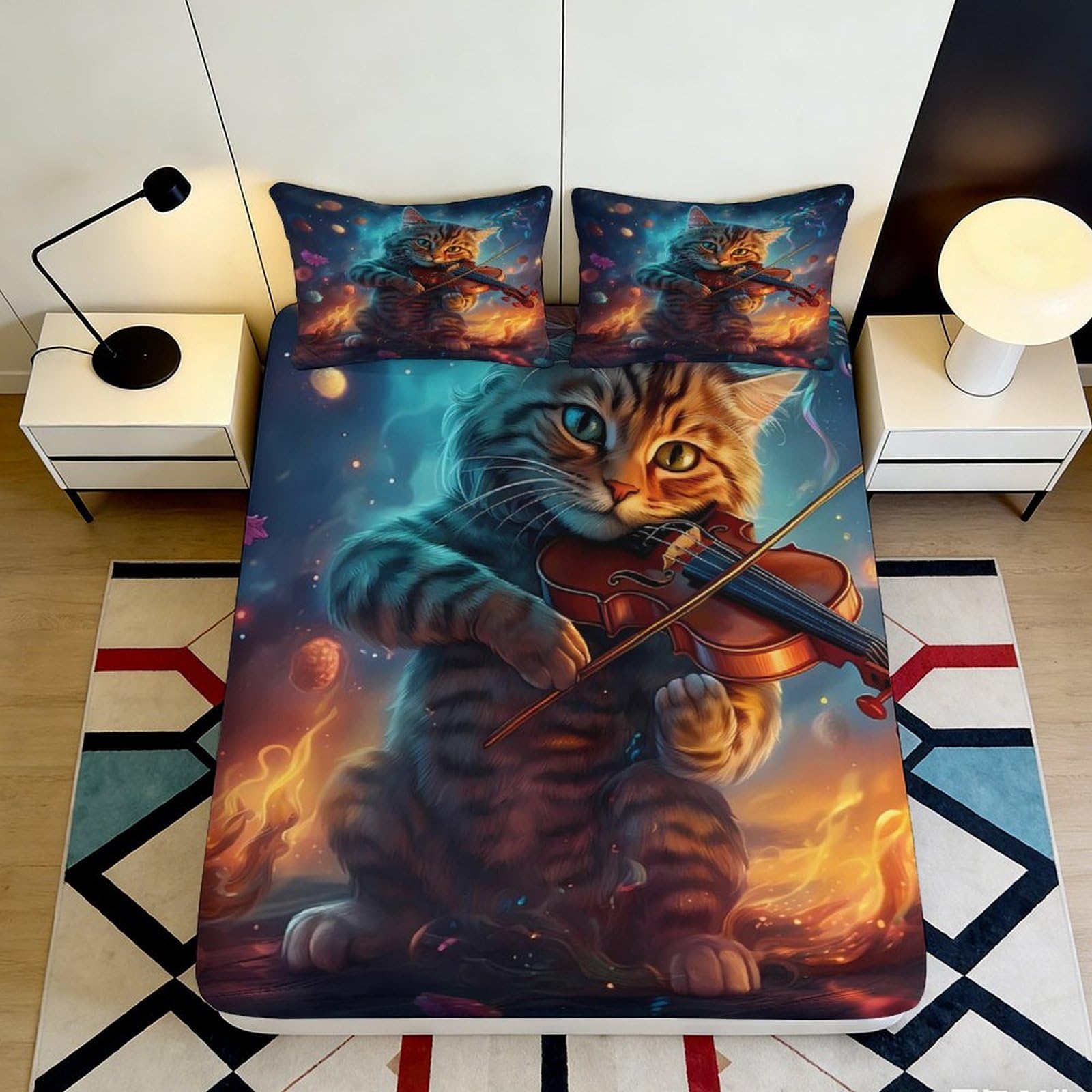3D Printed Cute Cat Fitted Sheet Microfiber Deep Pocket Bedding for Bedroom Cat Mattress Fitted Cover Elastic Hem for Adults Teens 90x200x25cm