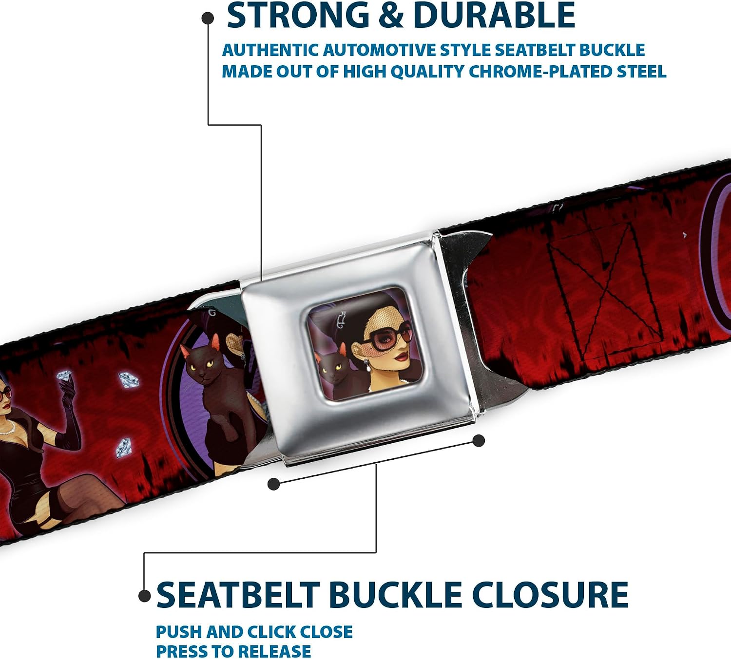 Buckle-Down Seatbelt Belt - CATWOMAN Bombshell Pose/Diamonds Red/Purple/Black
