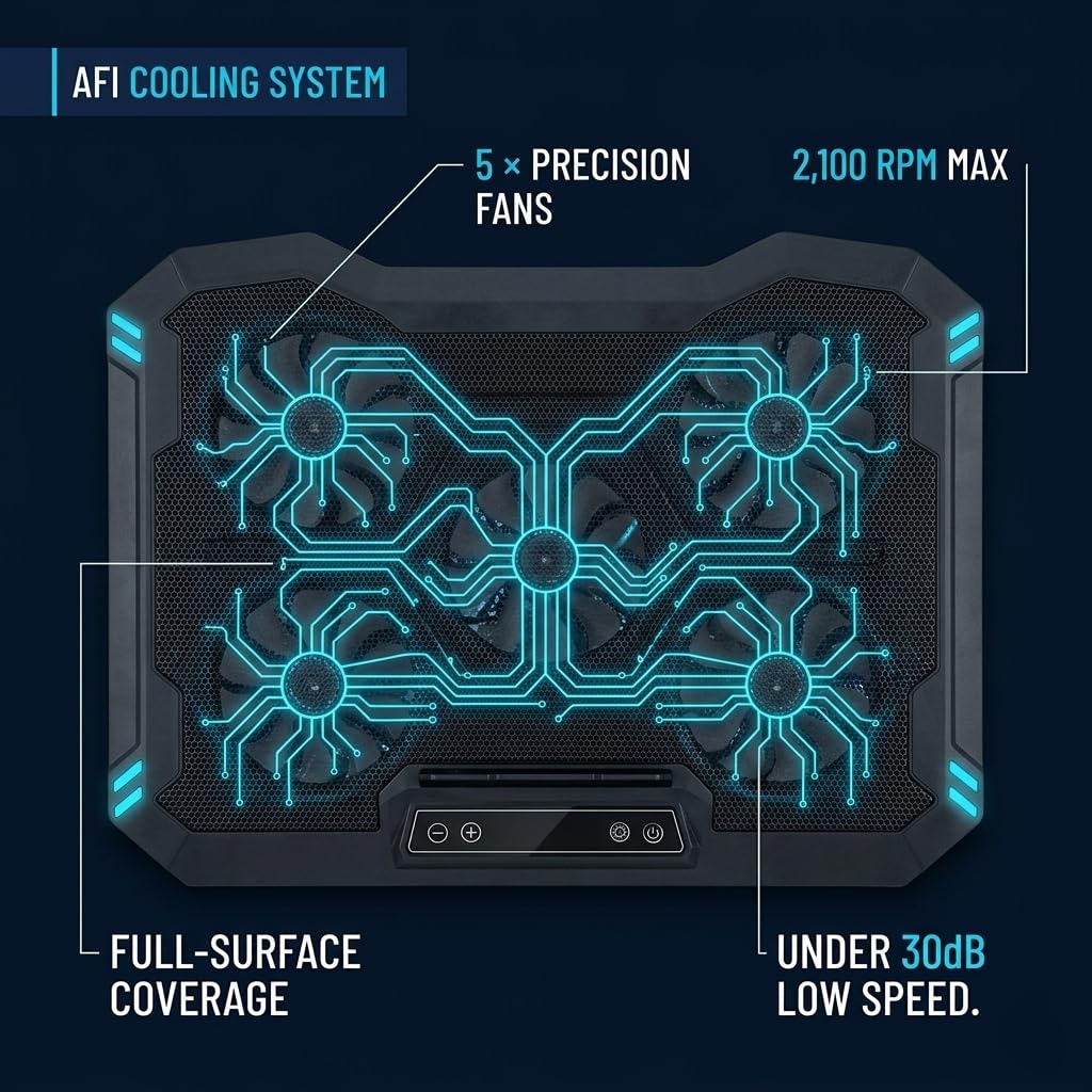 AFI Electronics Laptop Cooling Pad, 5 Leise Lüfter Gaming Laptop Kühler für 11-17 Zoll, RGB LED, LCD Display, 6 Lüftergeschwindigkeiten, 8-Höhenverstellbarer Ständer, Dual USB-Anschlüsse, Notebook