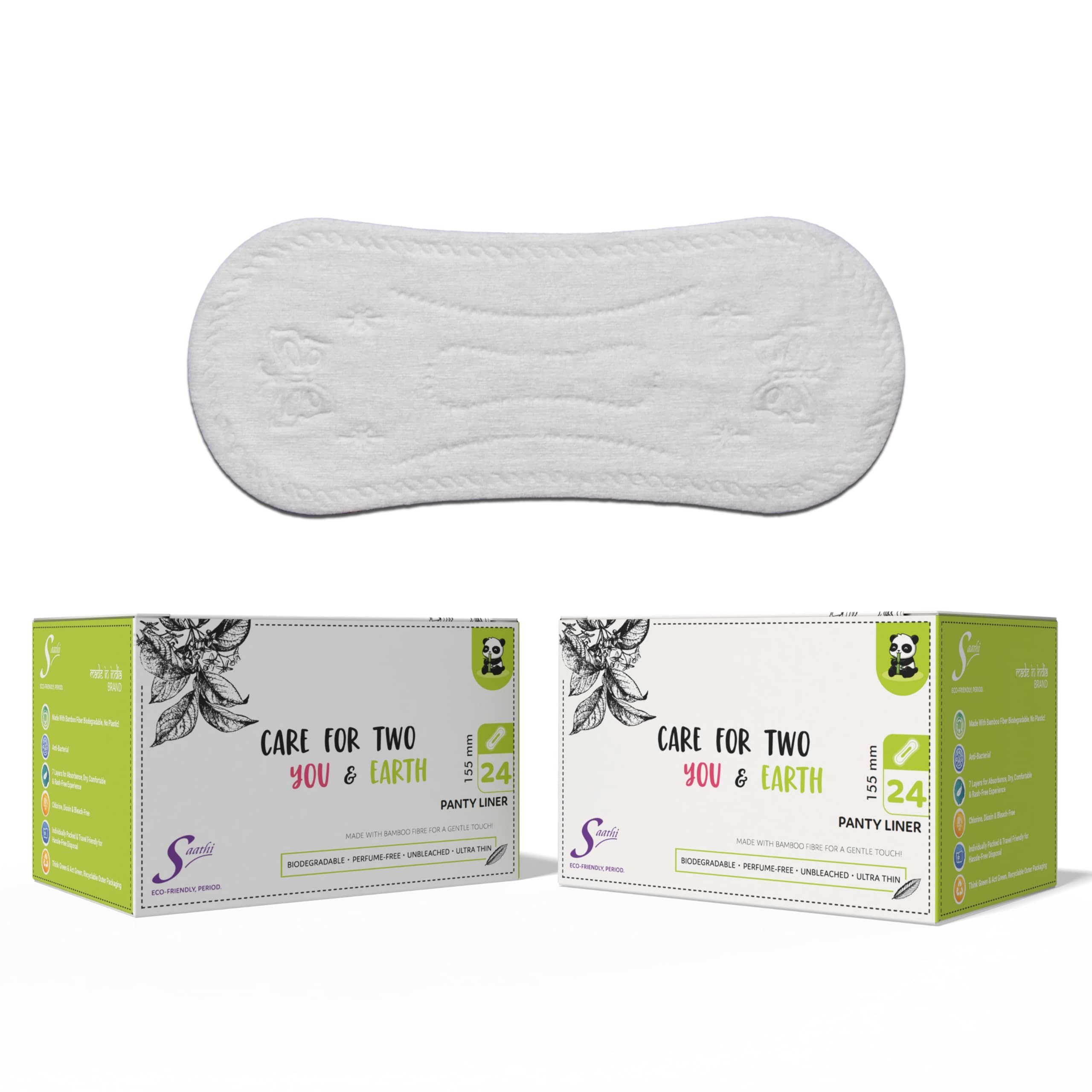 Saathi Panty Liners for Women - 24s x 2 (48 Pads), Certified Organic Bamboo Biodegradable Fiber For Advanced Protection Against Leakage, Discharge, Light Period flows and Rashes. Eco-Friendly, Natural & Compostable