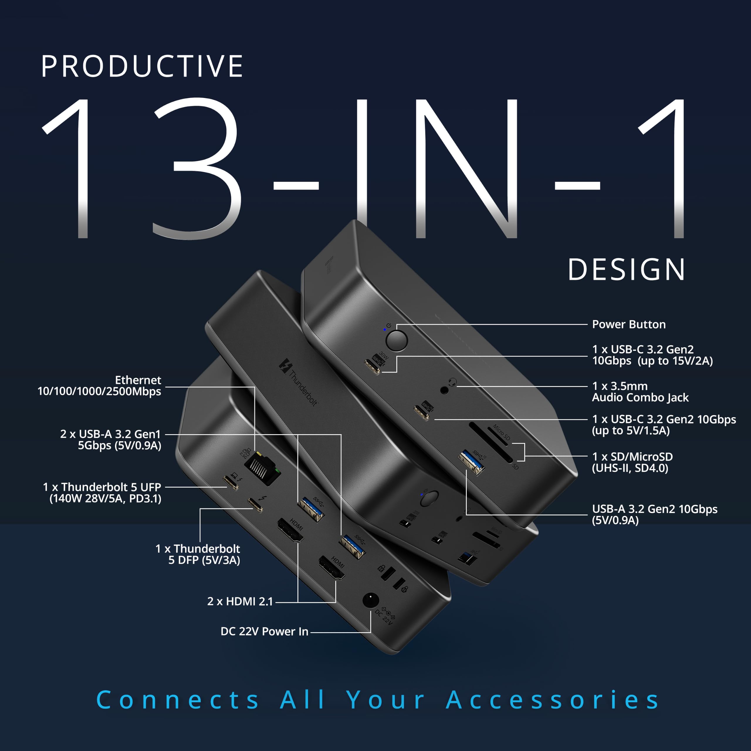 Station d'accueil Kensington SD5010T5 EQ Thunderbolt 5, Triple écran 4K ou Double 8K, PD 140 W, SD/MicroSD, 2 Ports TB5, Ethernet, USB-A 3.2 Gen 2, Gris sidéral (K35231EU)