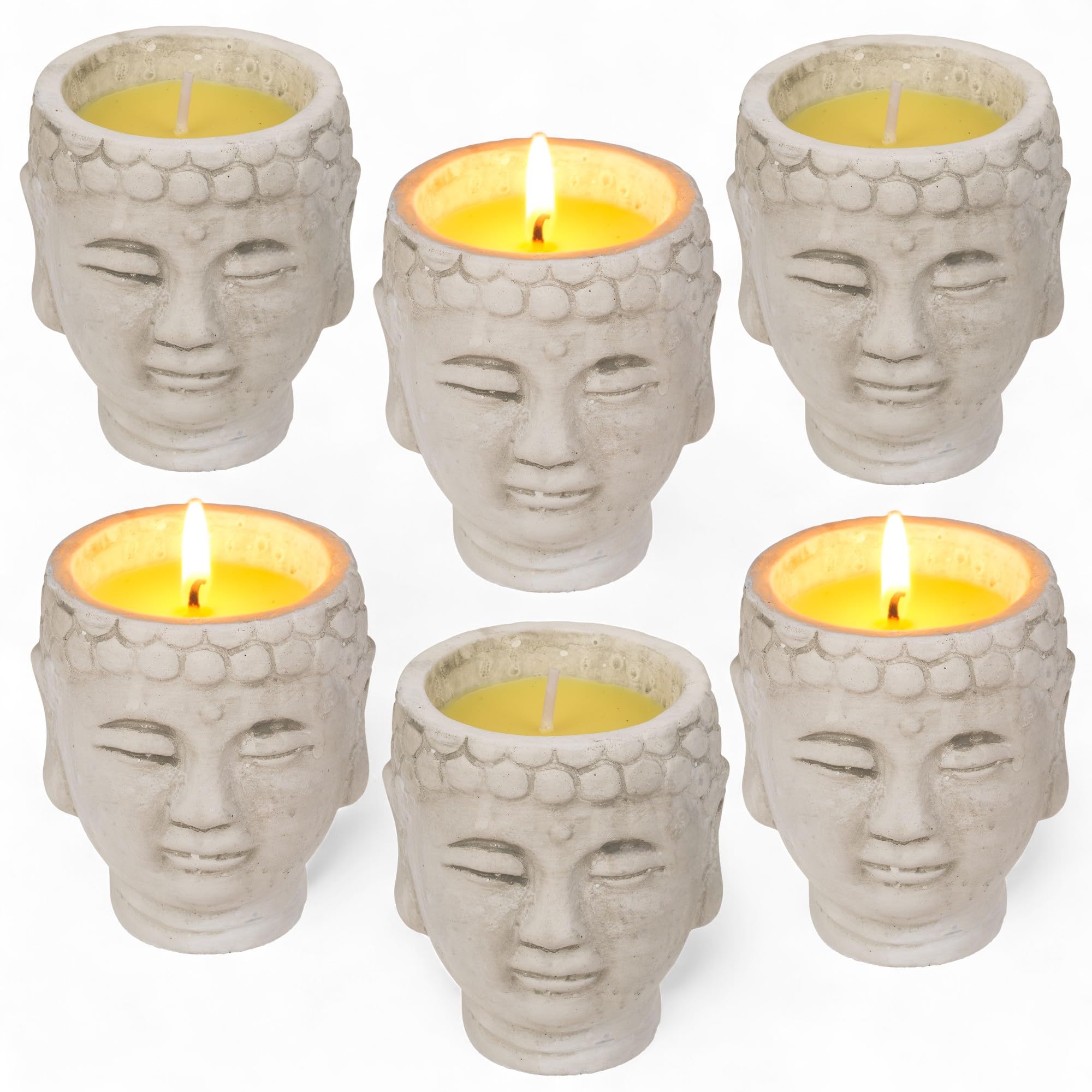 MIJOMA Citronella kaarsen in Boeddhapot van cement, outdoor kaarsen met citronellaolie, set van 6 stuks, ca. 7,5 x 9 cm, 20 uur brandtijd, frisse en natuurlijke geur