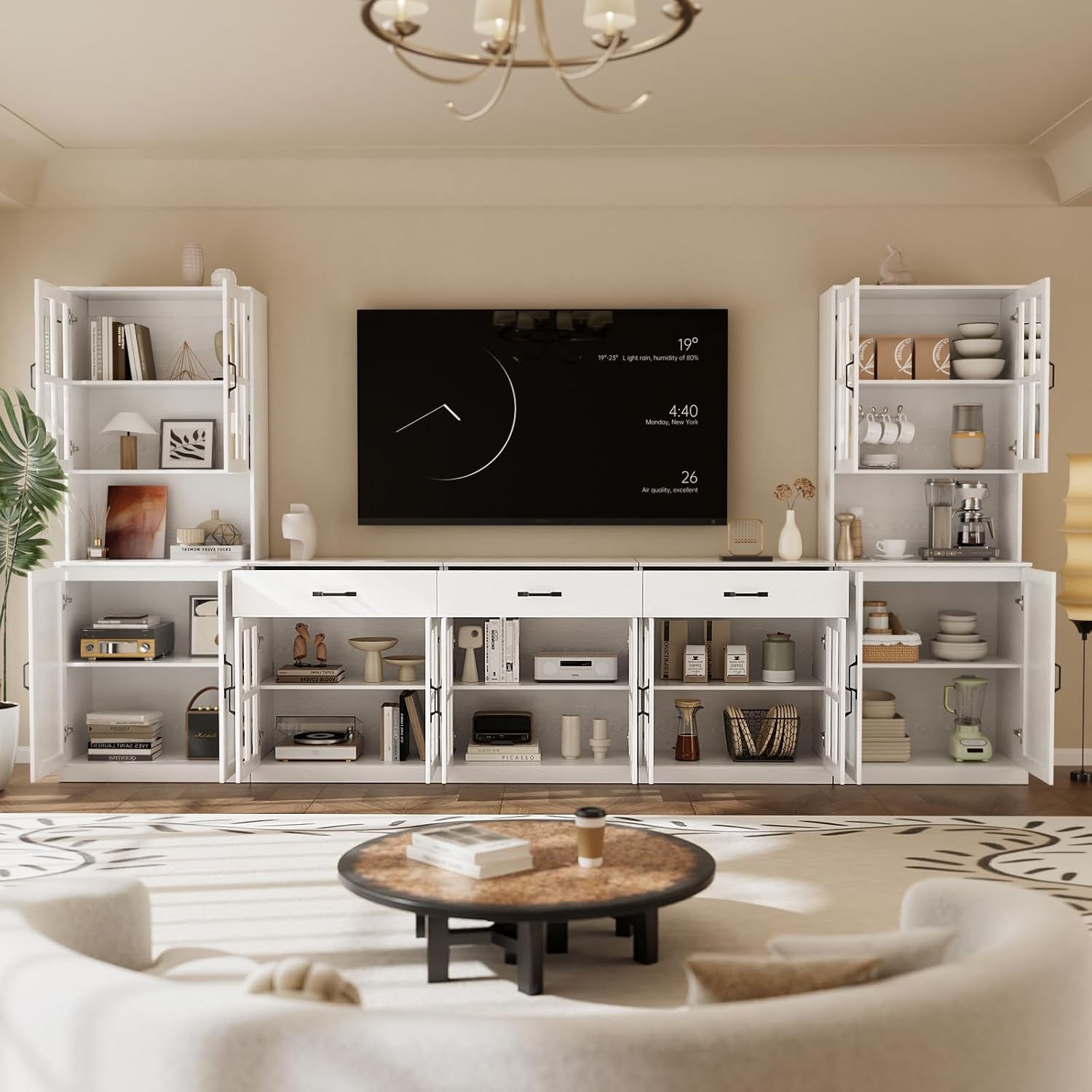 VOWNER 71" TV Stand for TVs up to 75", Entertainment Center with Bookcases & Drawers, 5PCS Media Console with Glass Doors, Tall Media Center for Living Room (White, AHHHA)