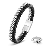 Black Leather Bracelet for Men - Double Row Braided Leather with Antique Silver Stainless Steel Cuban Chain Bracelets for Mens Metal Wristband Cuff Bangle Jewelry Gifts for Boyfriend